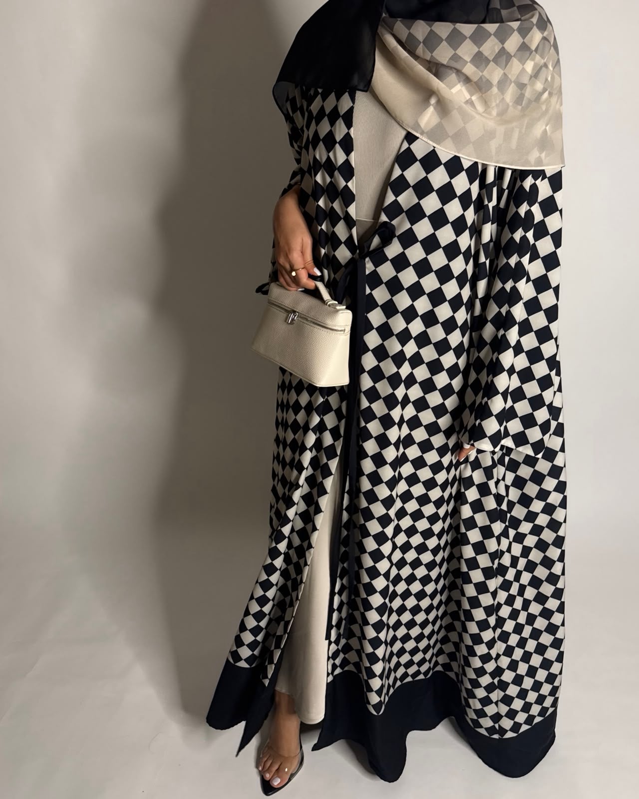 A627 - Black & Cream Checkered A-CUT Abaya with Matching Ombre Head Scarf