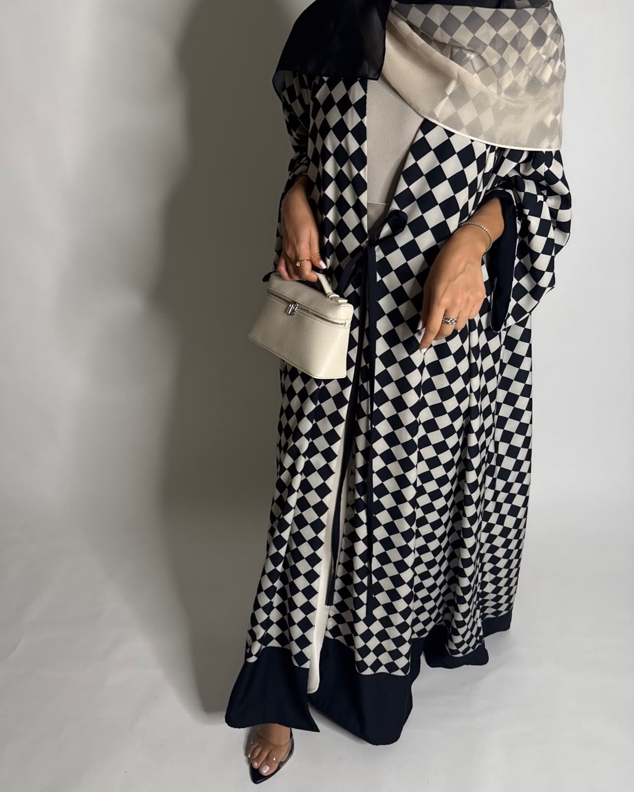 A627 - Black & Cream Checkered A-CUT Abaya with Matching Ombre Head Scarf