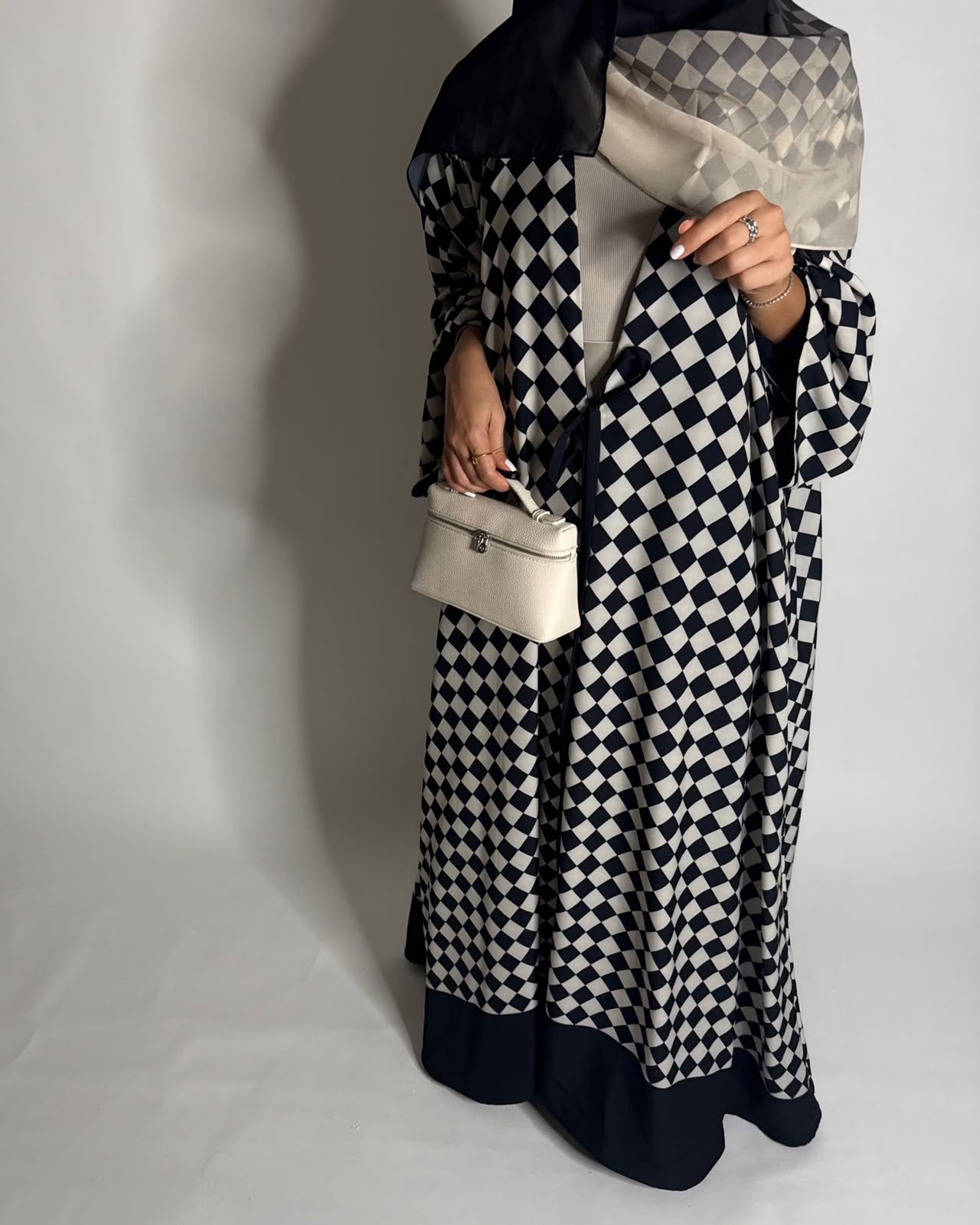A627 - Black & Cream Checkered A-CUT Abaya with Matching Ombre Head Scarf