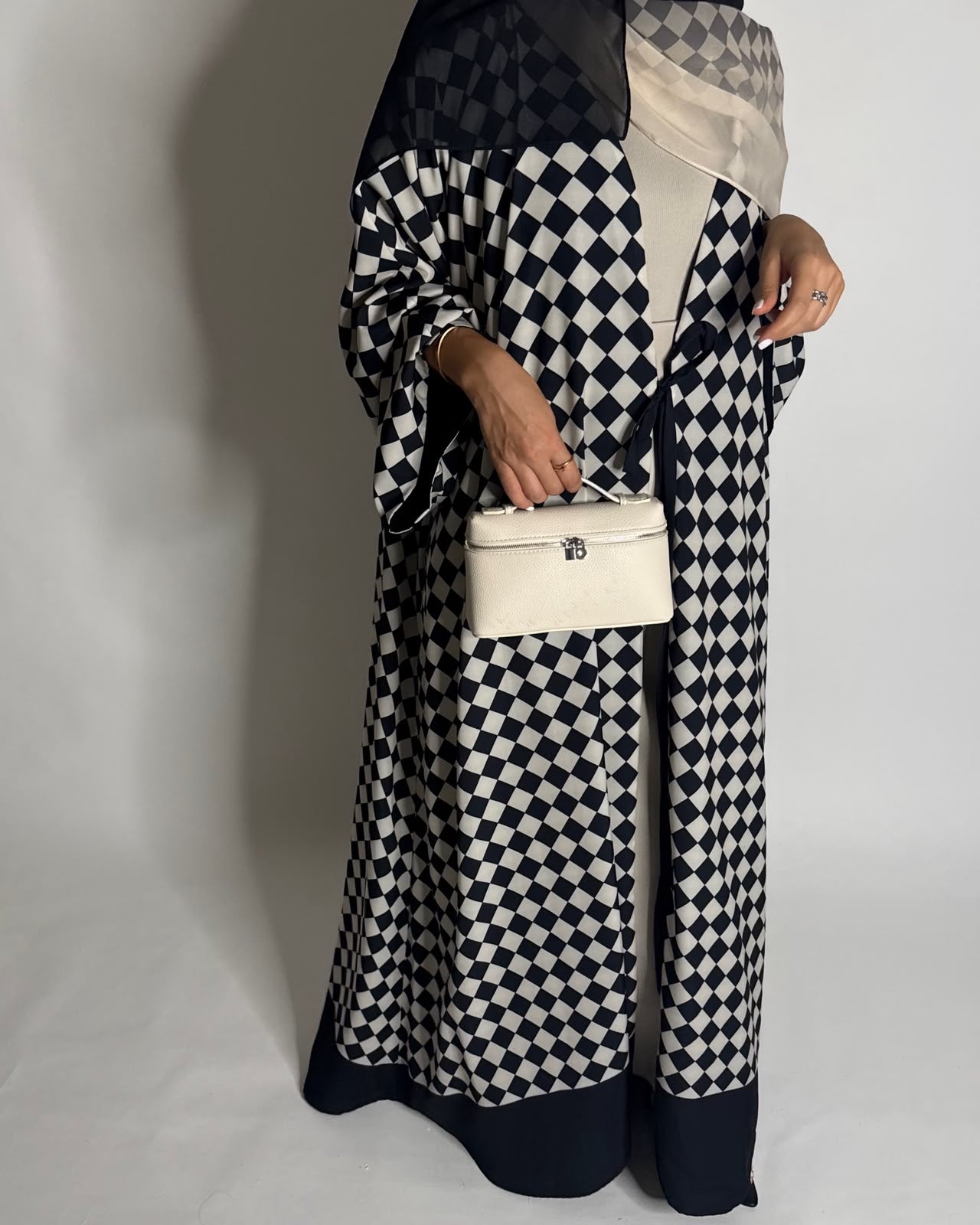 A627 - Black & Cream Checkered A-CUT Abaya with Matching Ombre Head Scarf