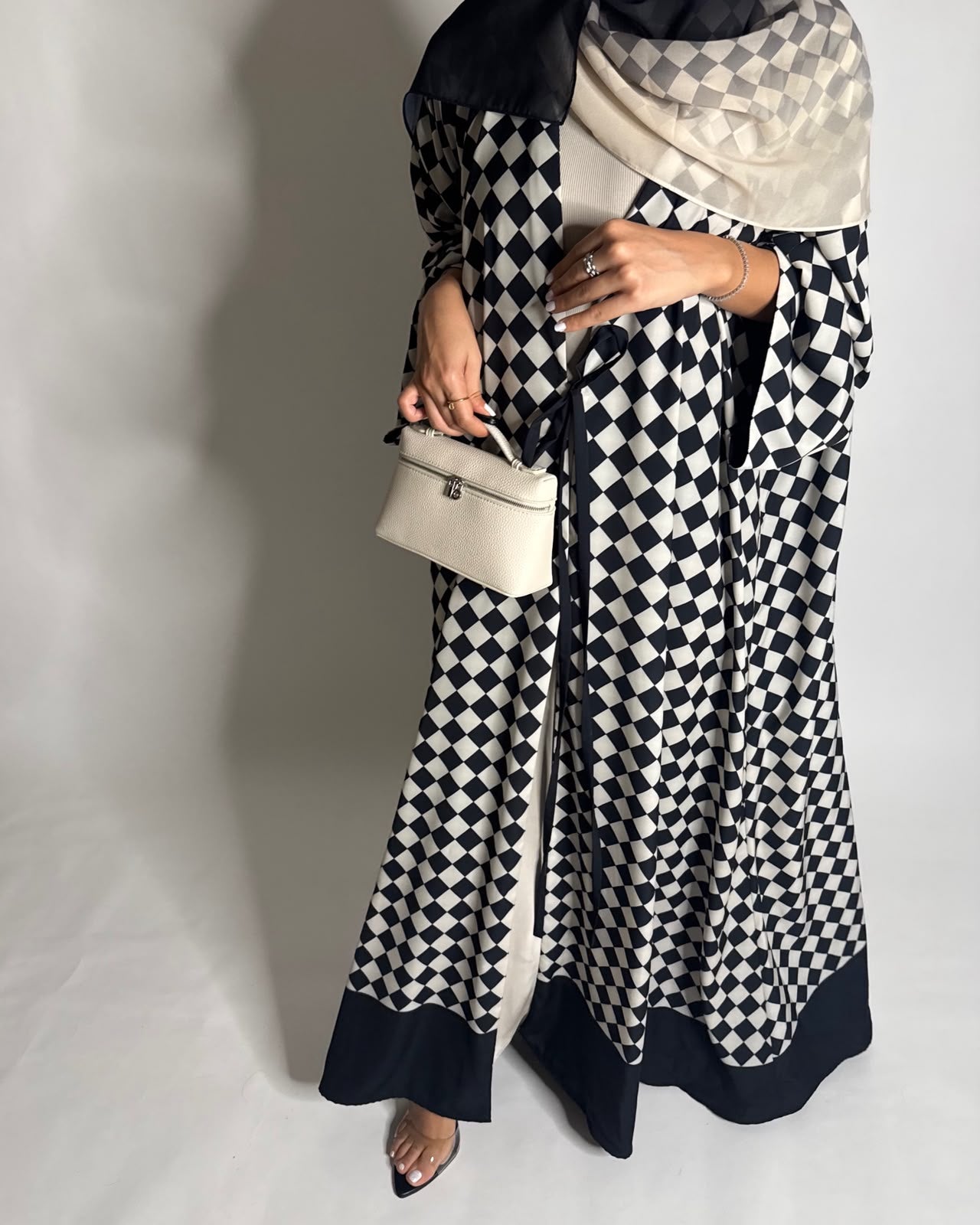 A627 - Black & Cream Checkered A-CUT Abaya with Matching Ombre Head Scarf