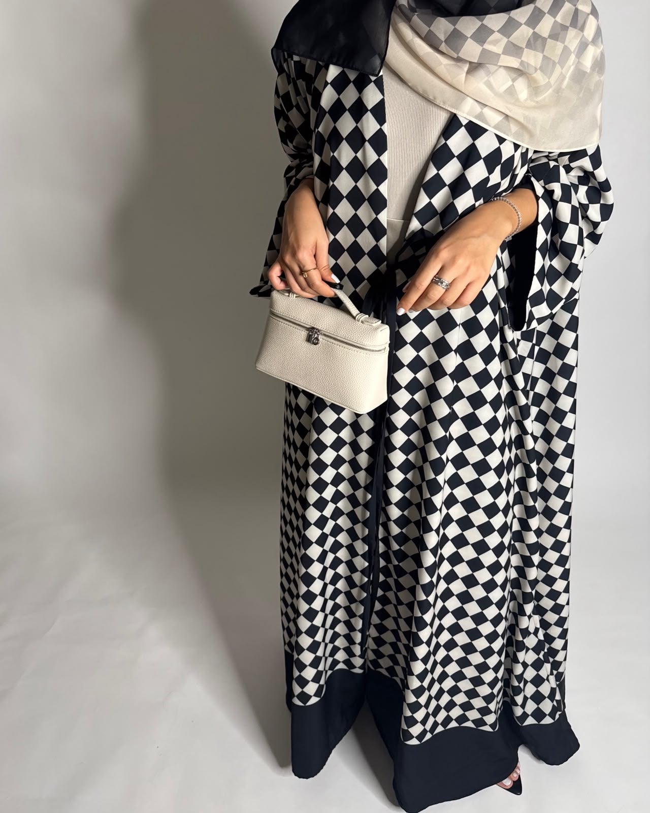 A627 - Black & Cream Checkered A-CUT Abaya with Matching Ombre Head Scarf