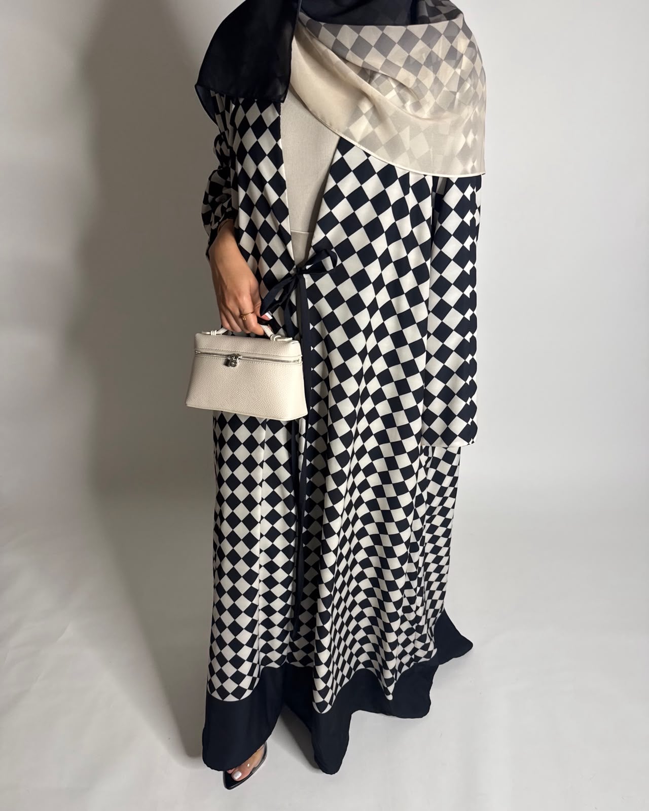 A627 - Black & Cream Checkered A-CUT Abaya with Matching Ombre Head Scarf