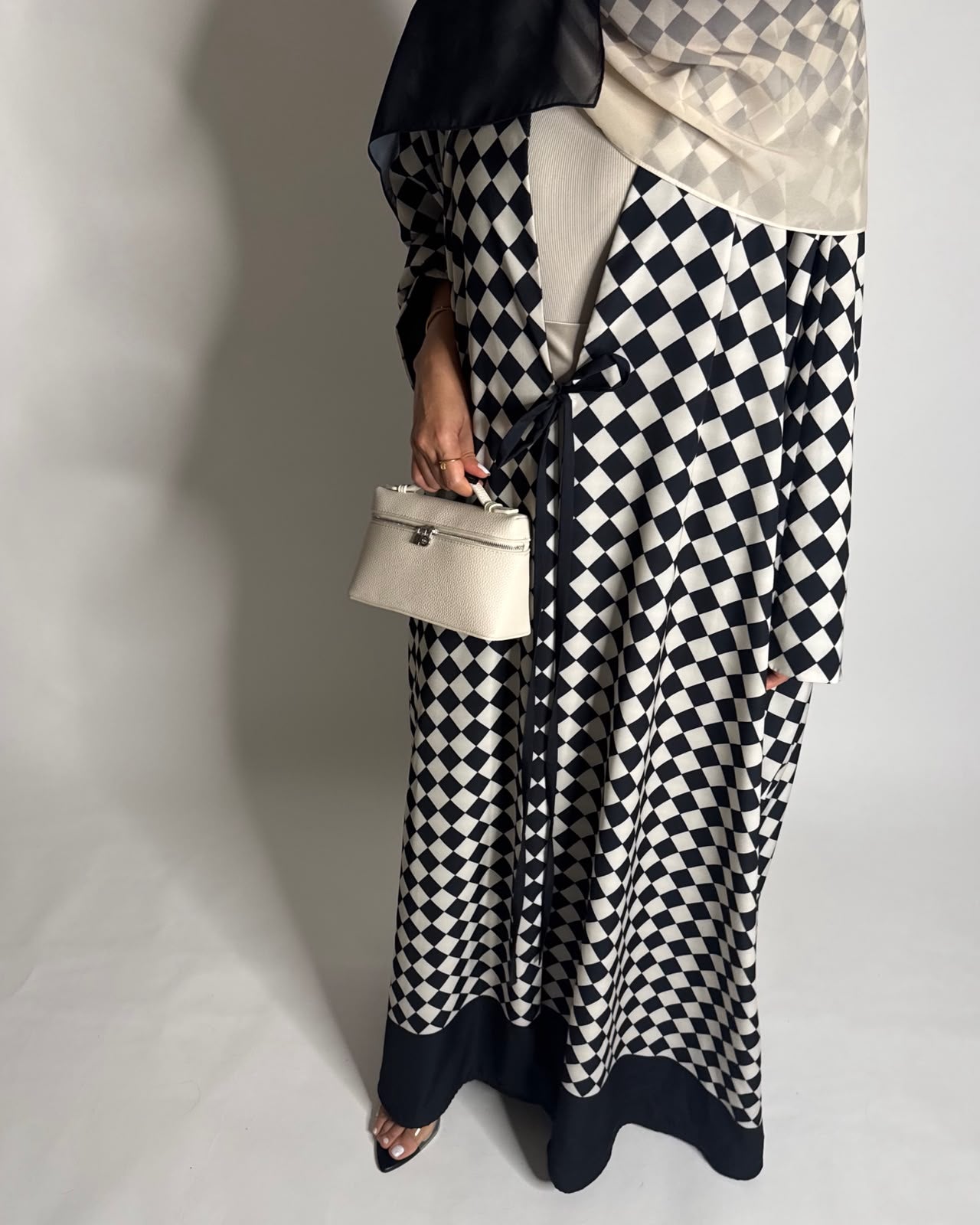 A627 - Black & Cream Checkered A-CUT Abaya with Matching Ombre Head Scarf