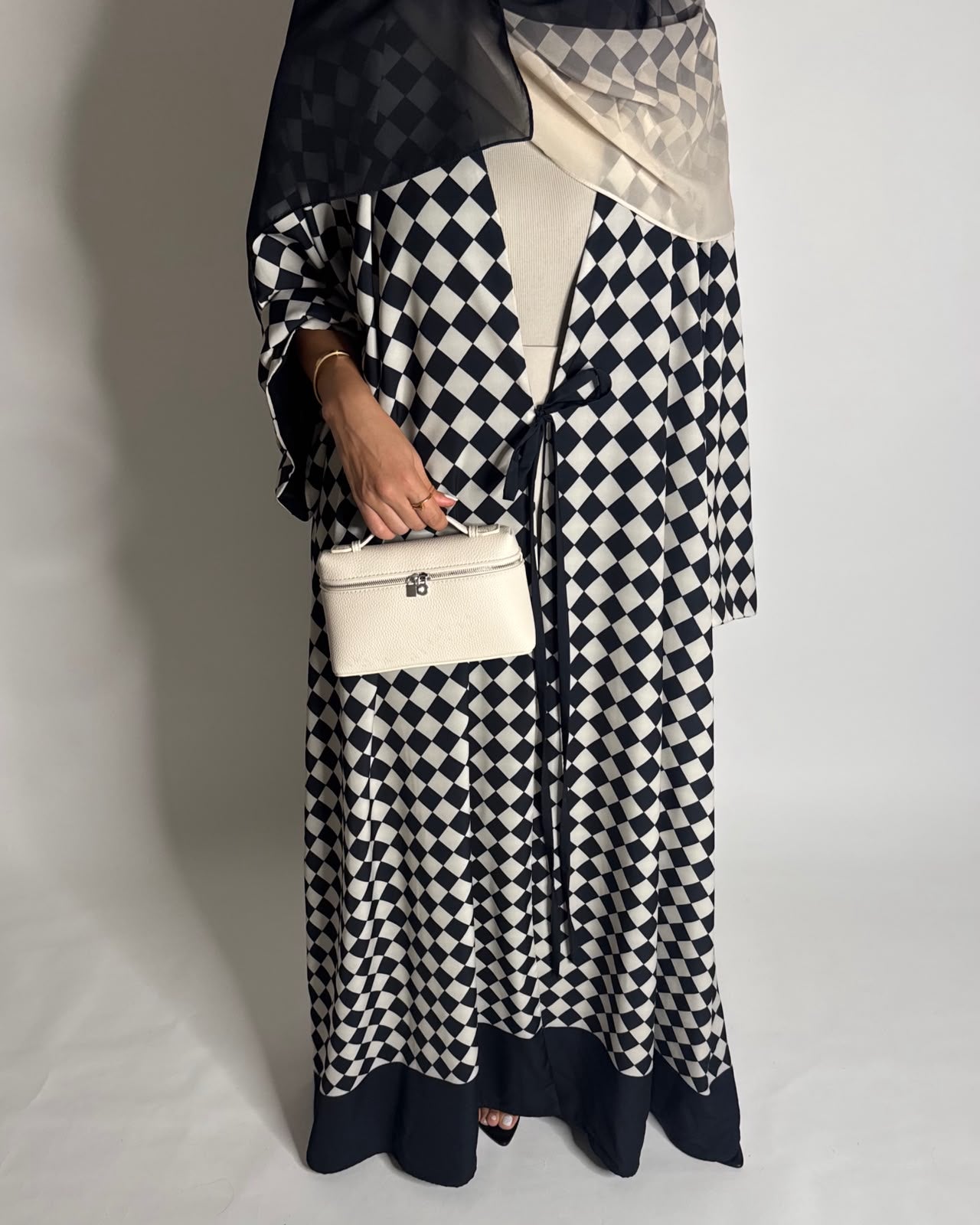A627 - Black & Cream Checkered A-CUT Abaya with Matching Ombre Head Scarf