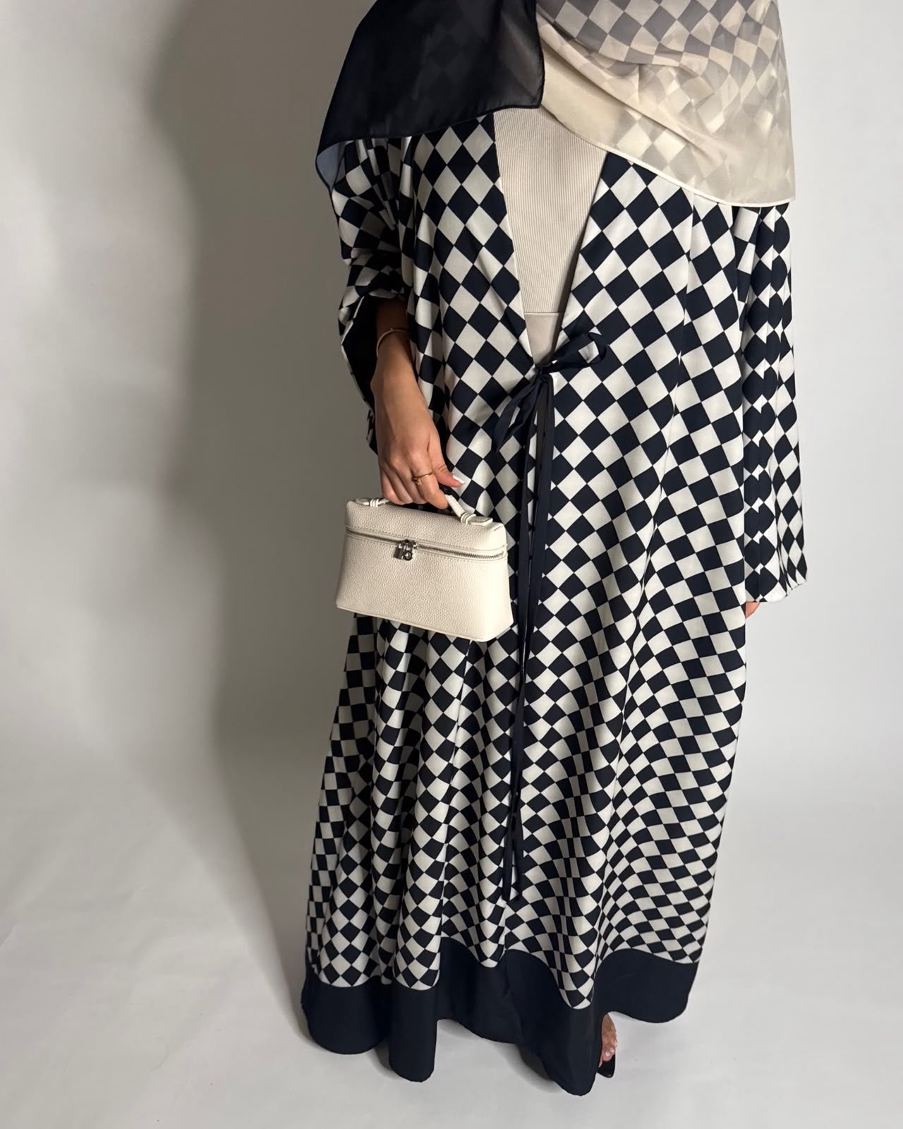A627 - Black & Cream Checkered A-CUT Abaya with Matching Ombre Head Scarf