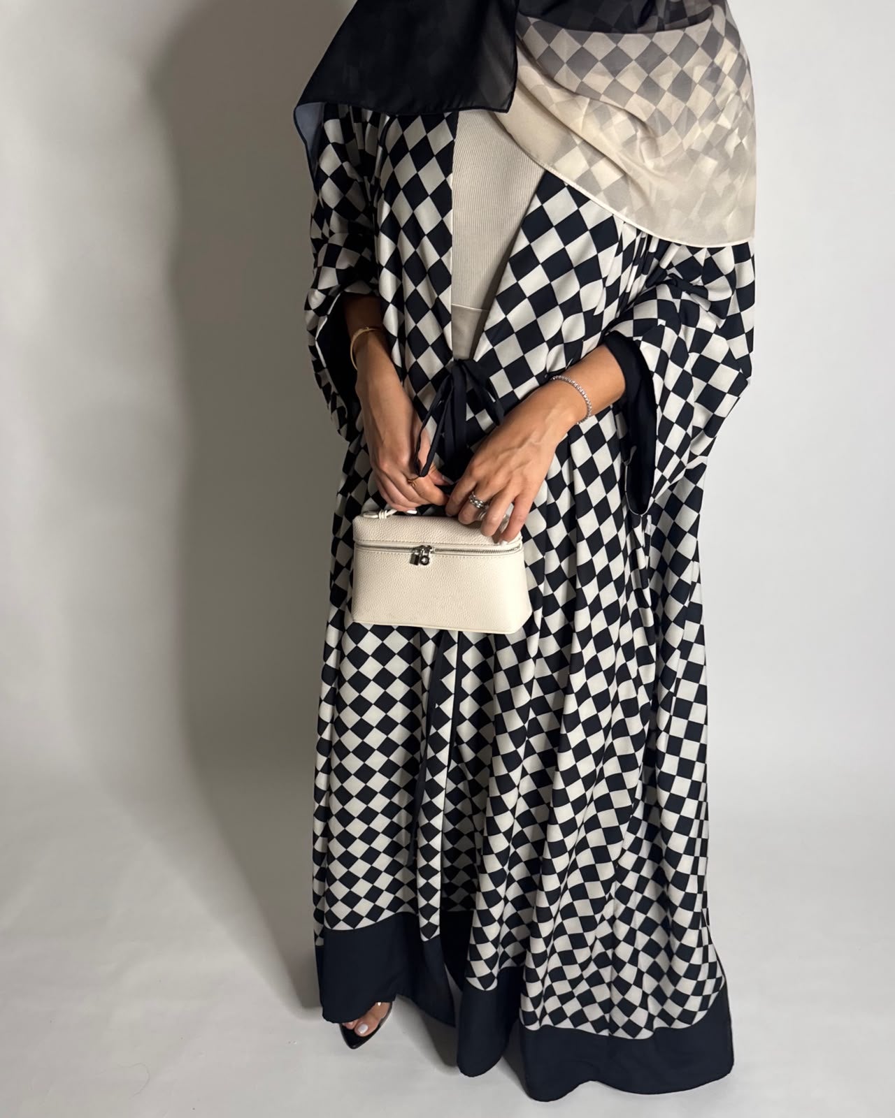 A627 - Black & Cream Checkered A-CUT Abaya with Matching Ombre Head Scarf