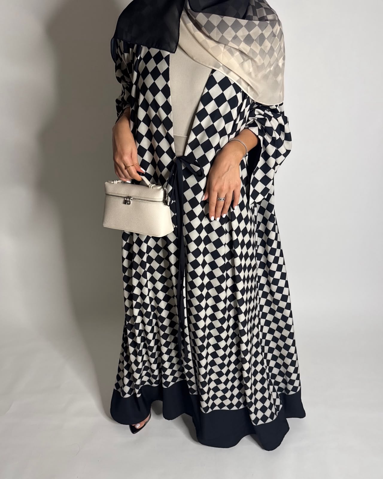 A627 - Black & Cream Checkered A-CUT Abaya with Matching Ombre Head Scarf