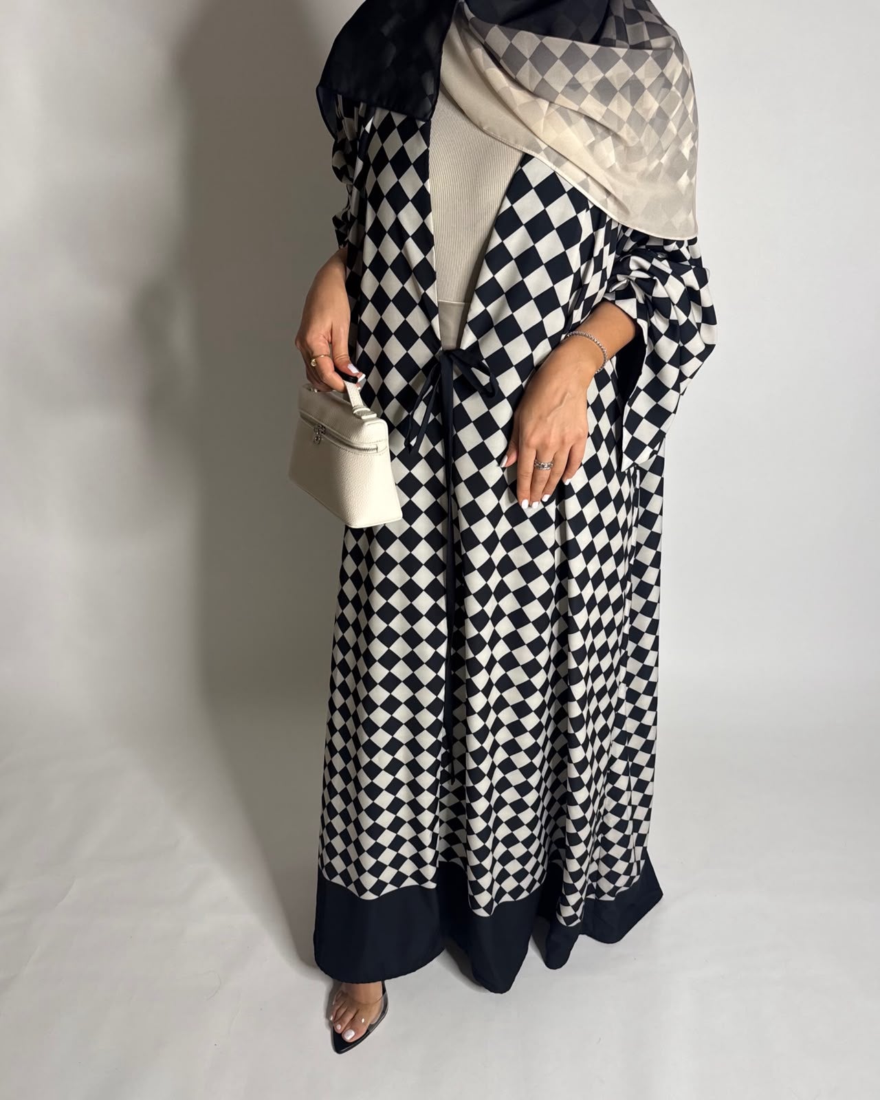 A627 - Black & Cream Checkered A-CUT Abaya with Matching Ombre Head Scarf