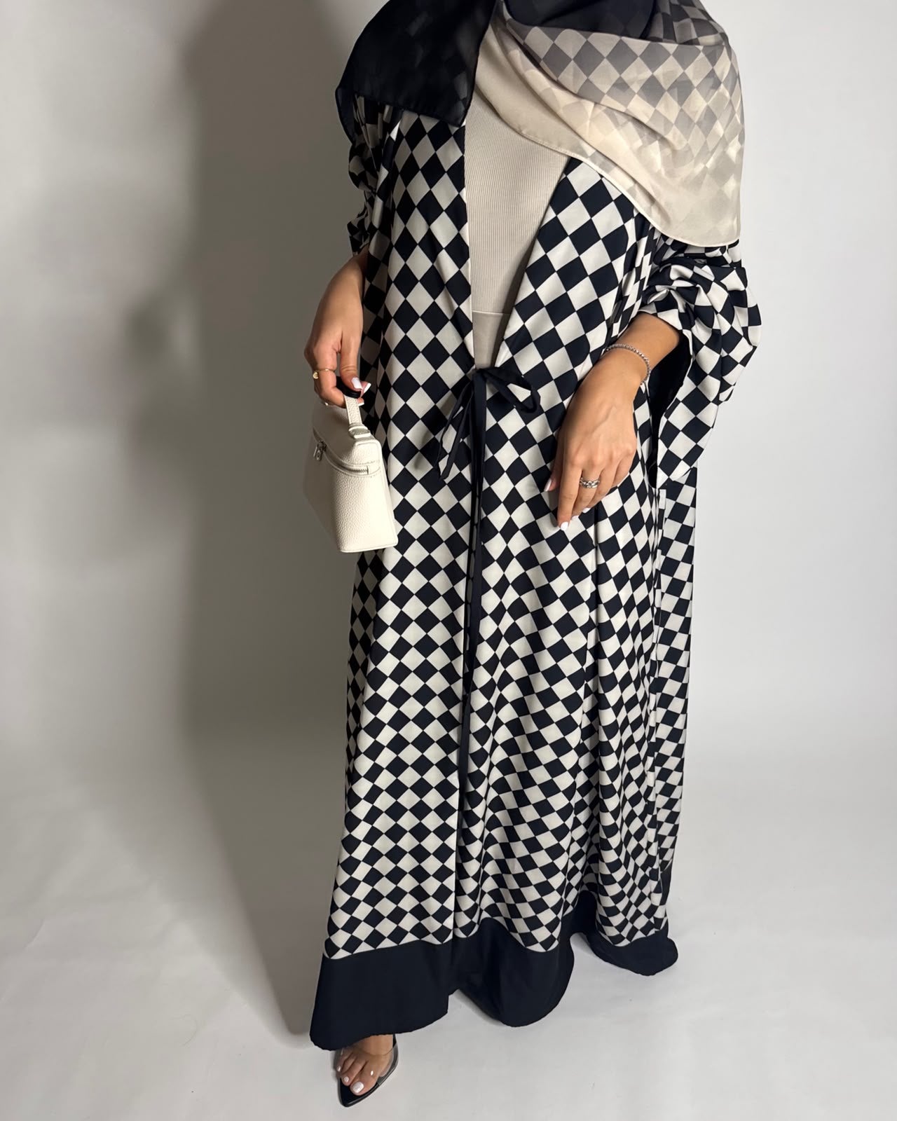 A627 - Black & Cream Checkered A-CUT Abaya with Matching Ombre Head Scarf