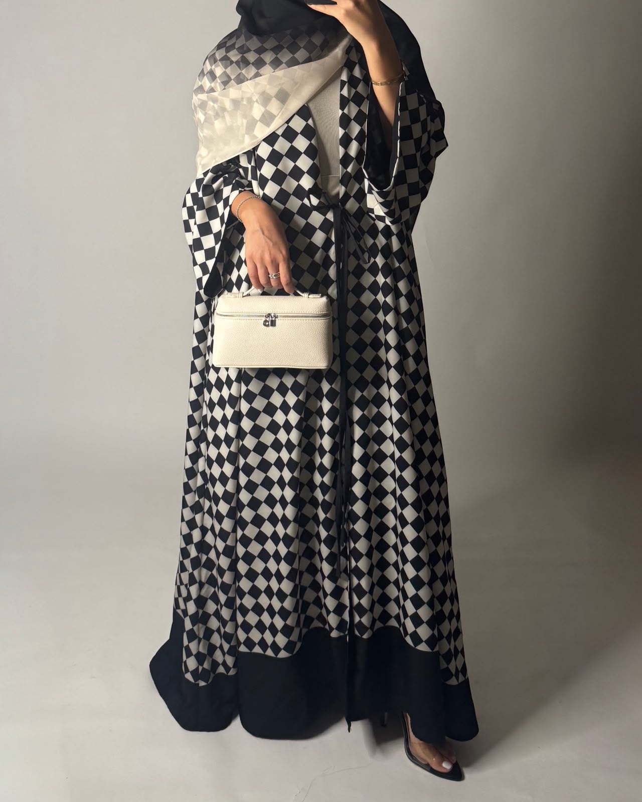 A627 - Black & Cream Checkered A-CUT Abaya with Matching Ombre Head Scarf