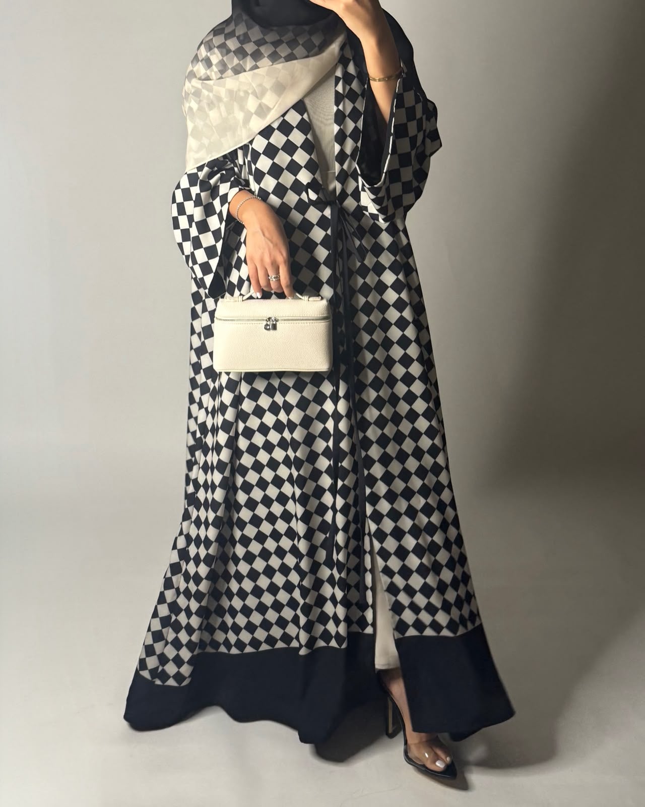 A627 - Black & Cream Checkered A-CUT Abaya with Matching Ombre Head Scarf