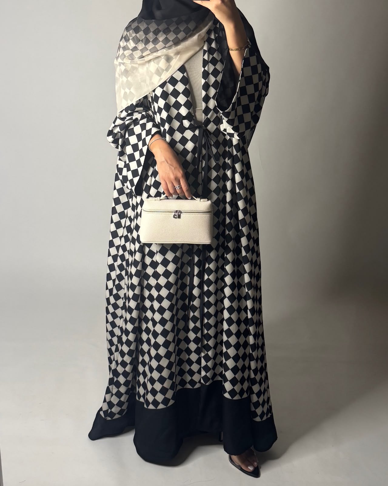 A627 - Black & Cream Checkered A-CUT Abaya with Matching Ombre Head Scarf