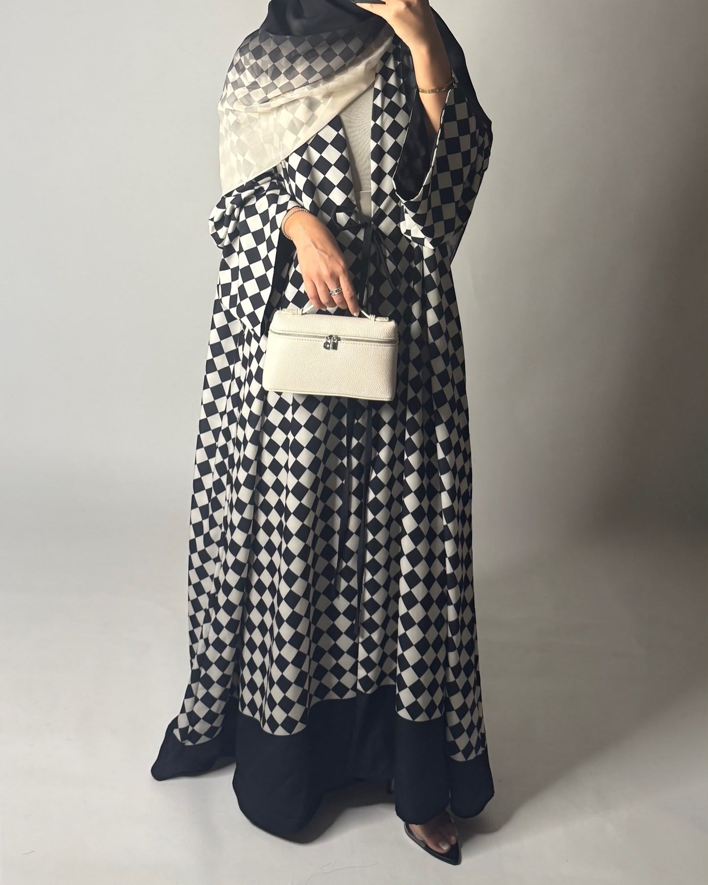 A627 - Black & Cream Checkered A-CUT Abaya with Matching Ombre Head Scarf