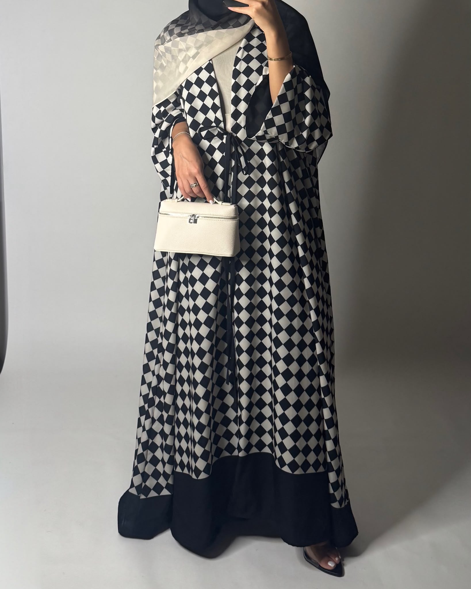 A627 - Black & Cream Checkered A-CUT Abaya with Matching Ombre Head Scarf
