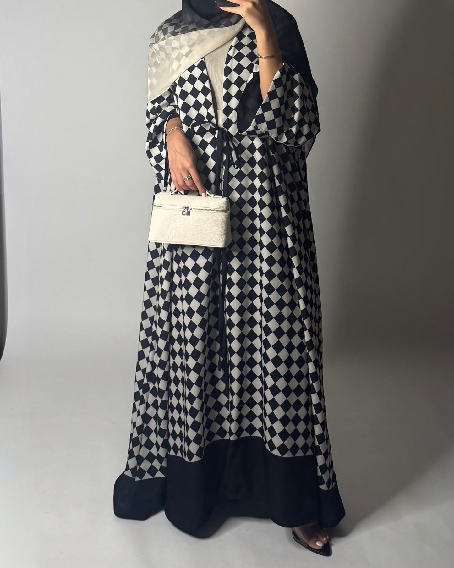 A627 - Black & Cream Checkered A-CUT Abaya with Matching Ombre Head Scarf