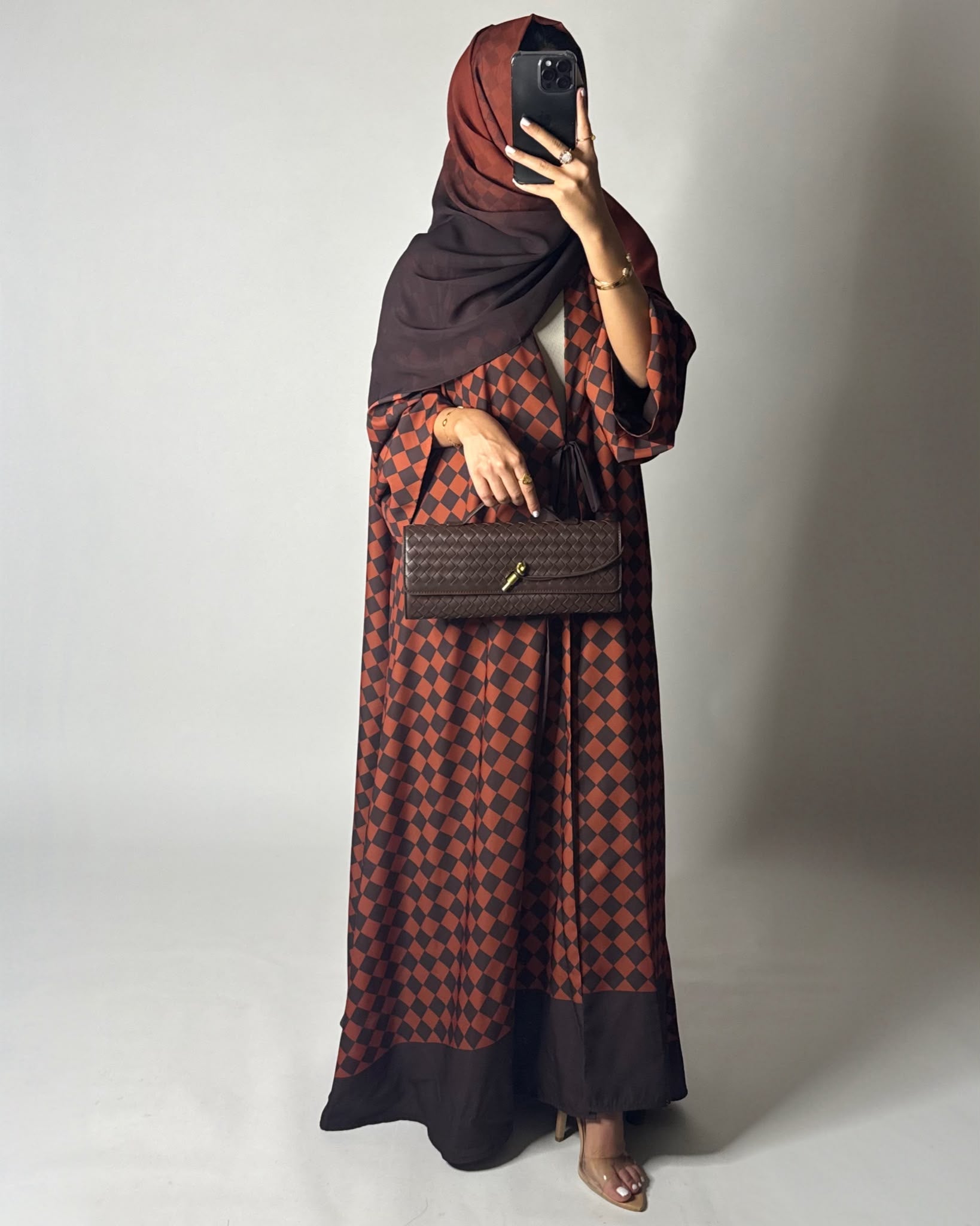 A628 - Brown & Burnt Orange Checkered A-CUT Abaya with Matching Ombre Head Scarf