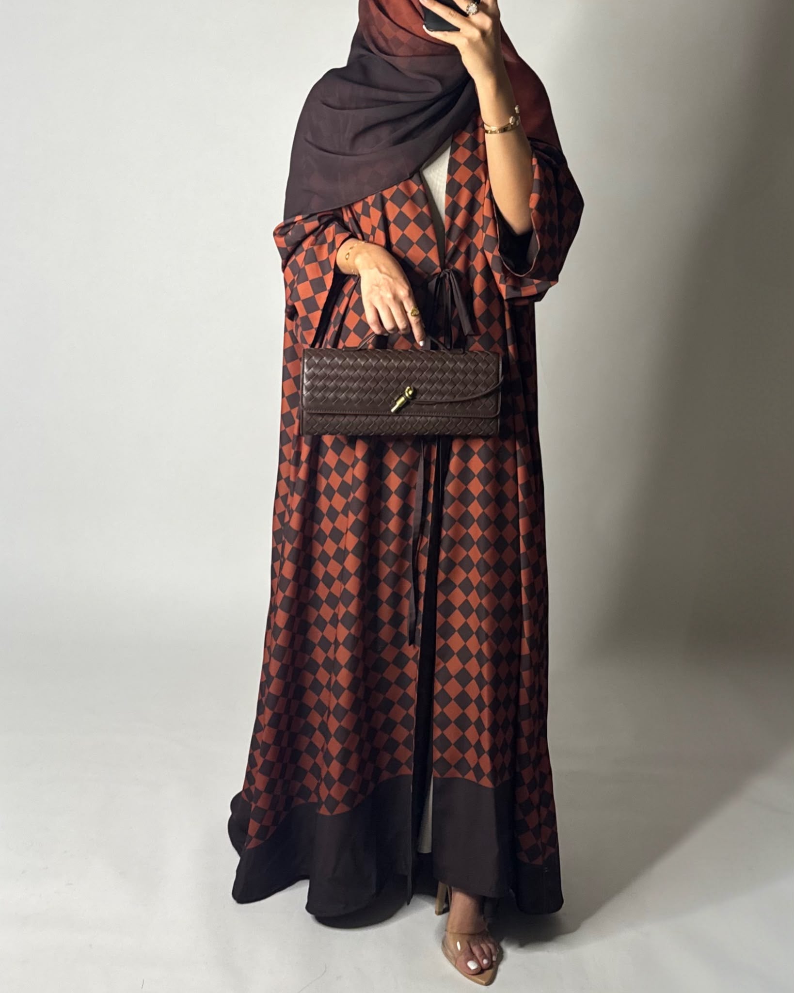 A628 - Brown & Burnt Orange Checkered A-CUT Abaya with Matching Ombre Head Scarf