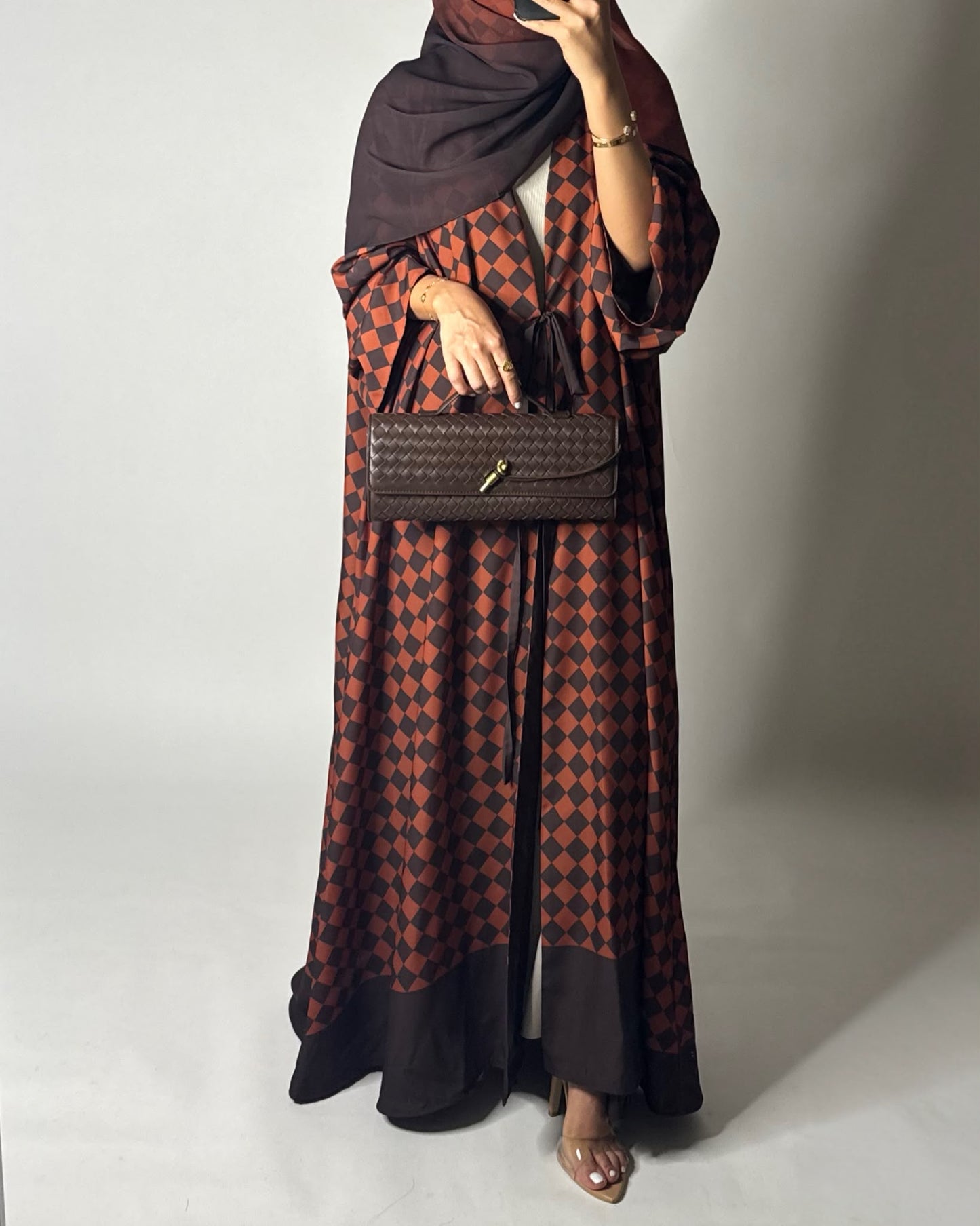 A628 - Brown & Burnt Orange Checkered A-CUT Abaya with Matching Ombre Head Scarf