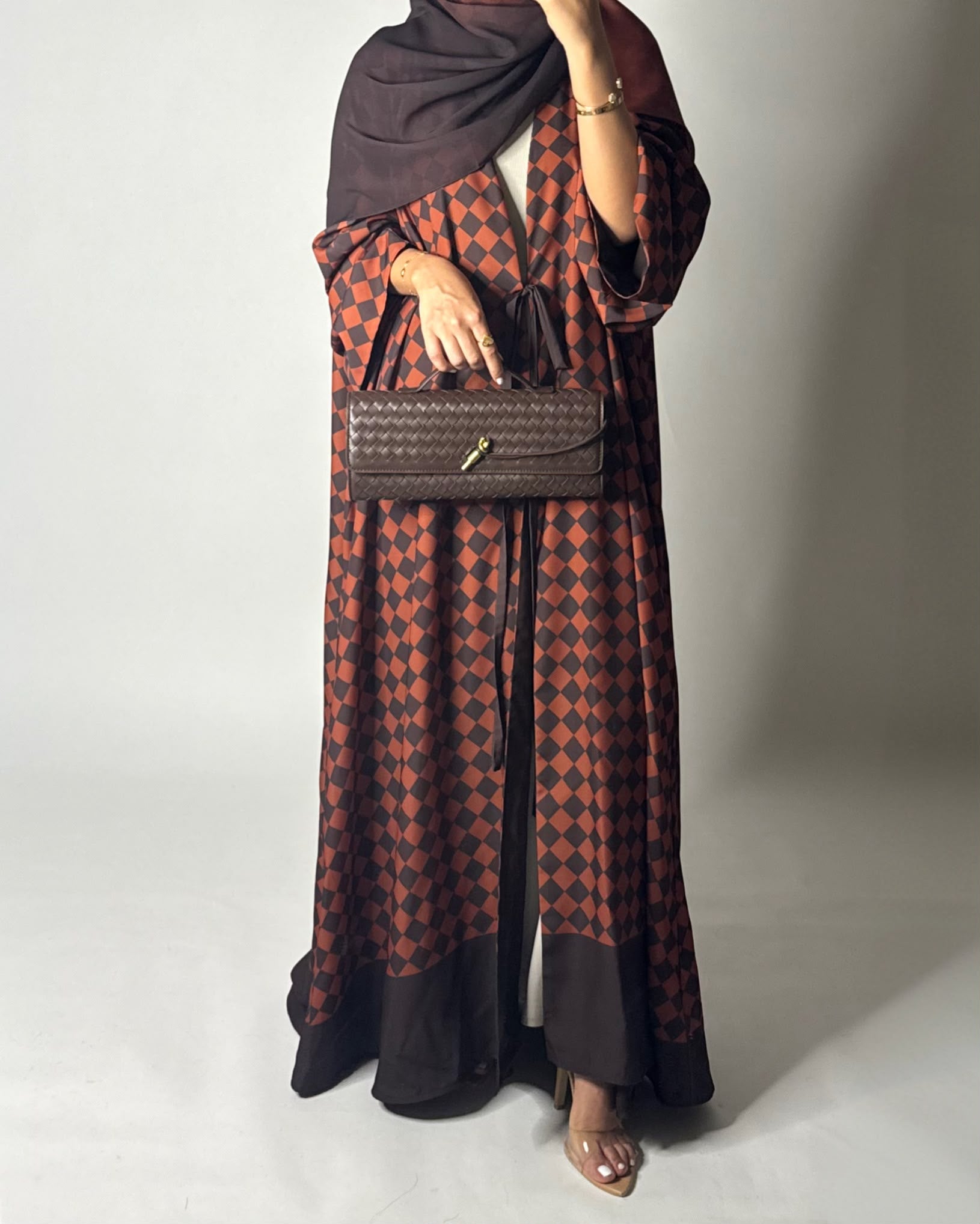 A628 - Brown & Burnt Orange Checkered A-CUT Abaya with Matching Ombre Head Scarf