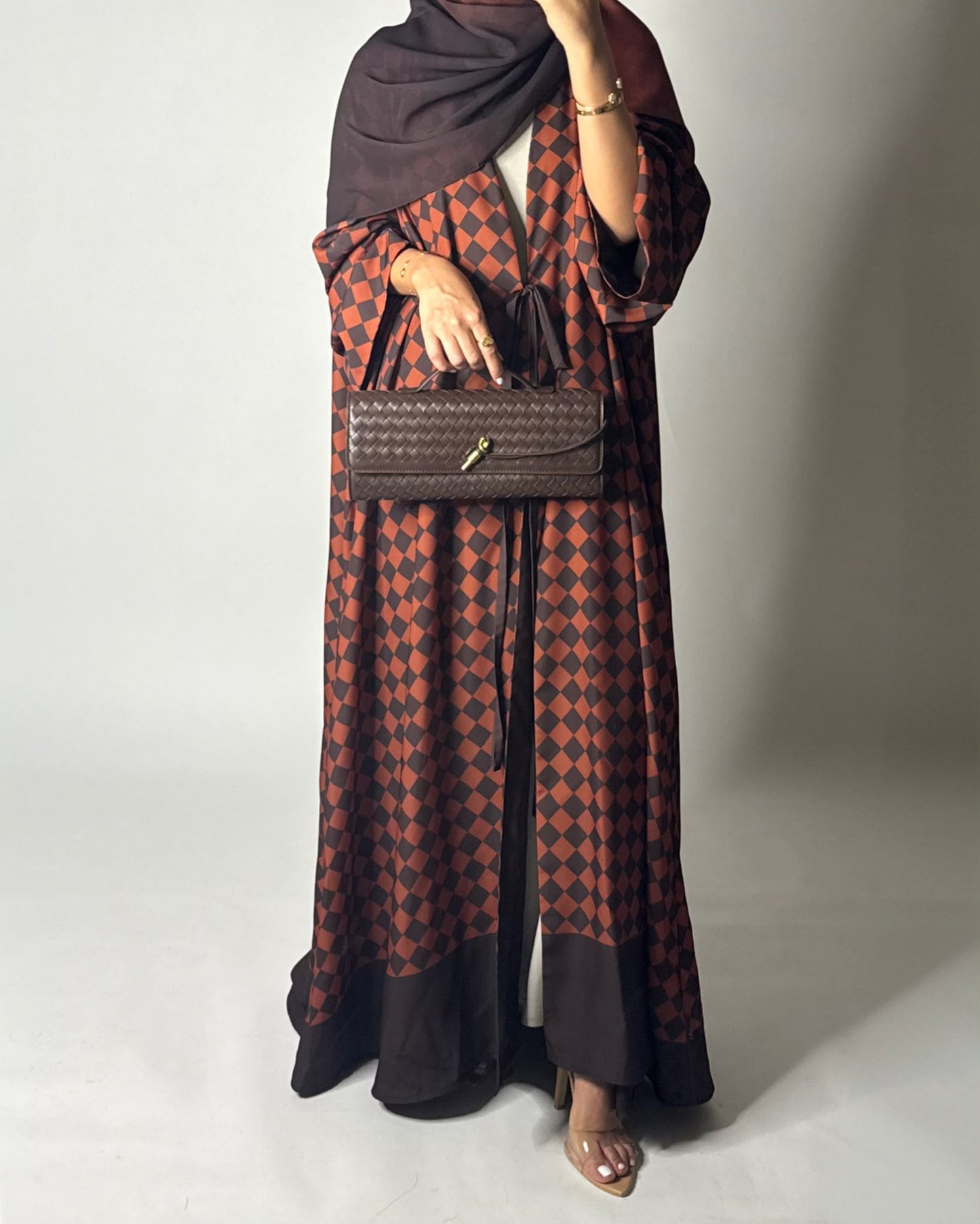A628 - Brown & Burnt Orange Checkered A-CUT Abaya with Matching Ombre Head Scarf