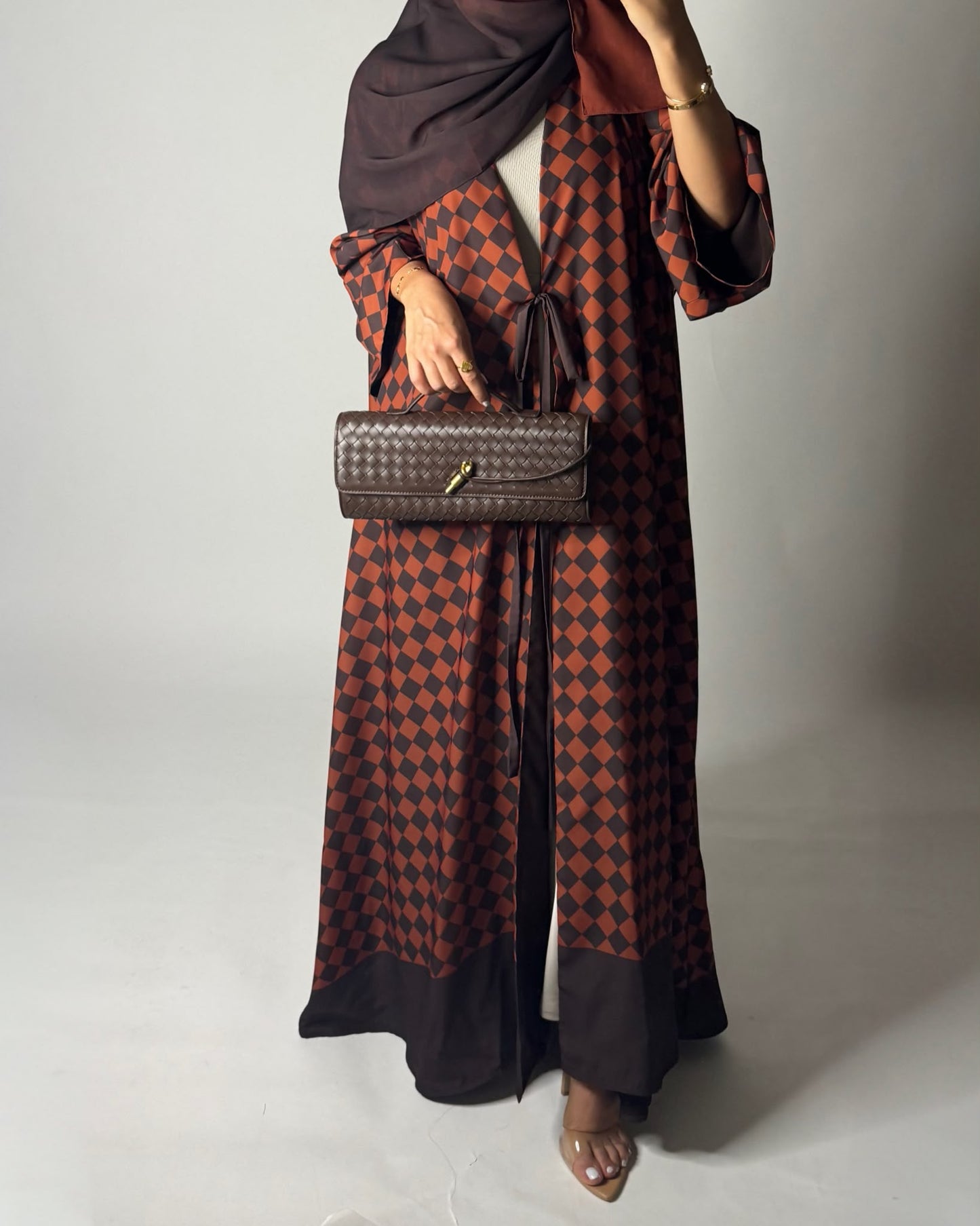 A628 - Brown & Burnt Orange Checkered A-CUT Abaya with Matching Ombre Head Scarf