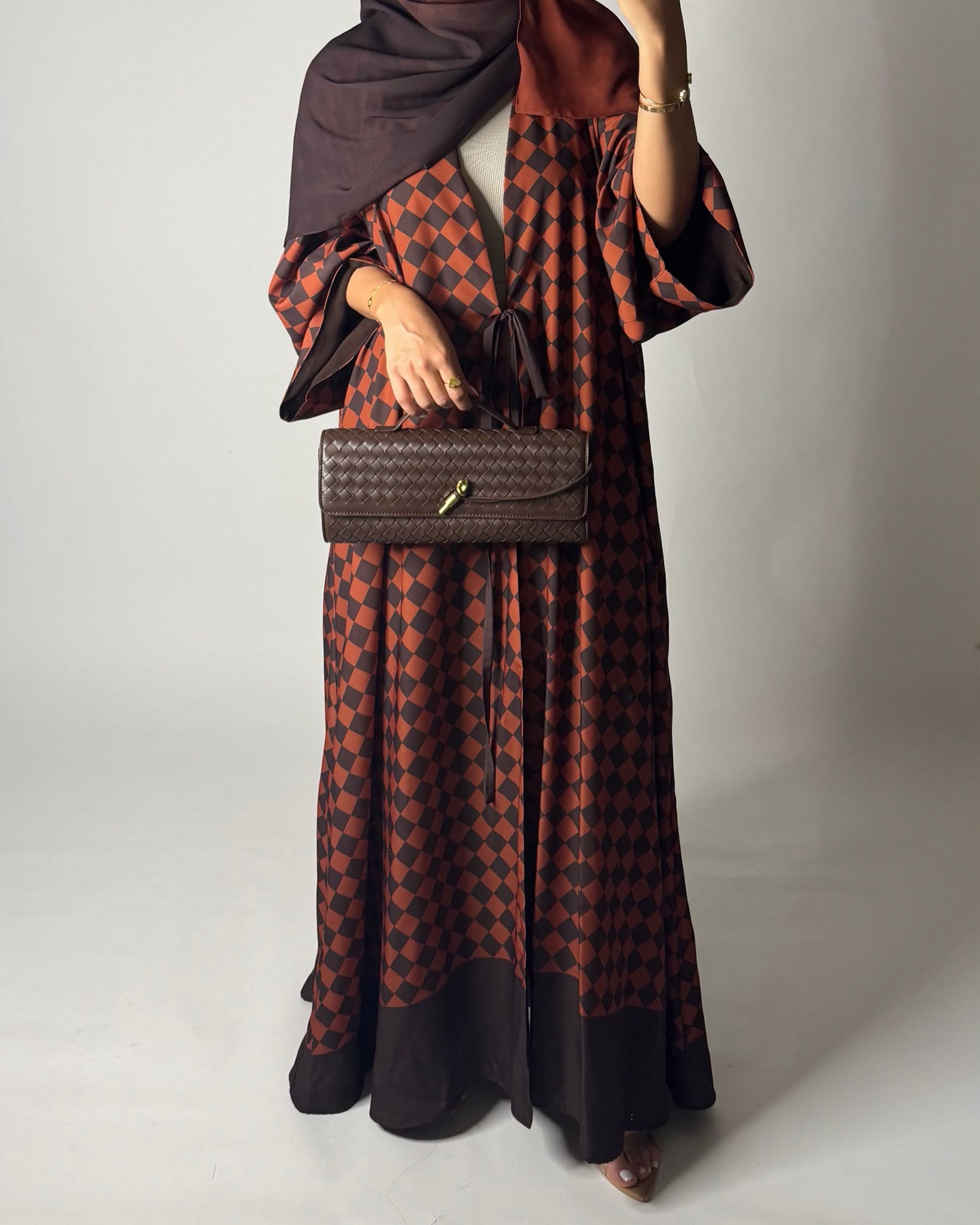 A628 - Brown & Burnt Orange Checkered A-CUT Abaya with Matching Ombre Head Scarf
