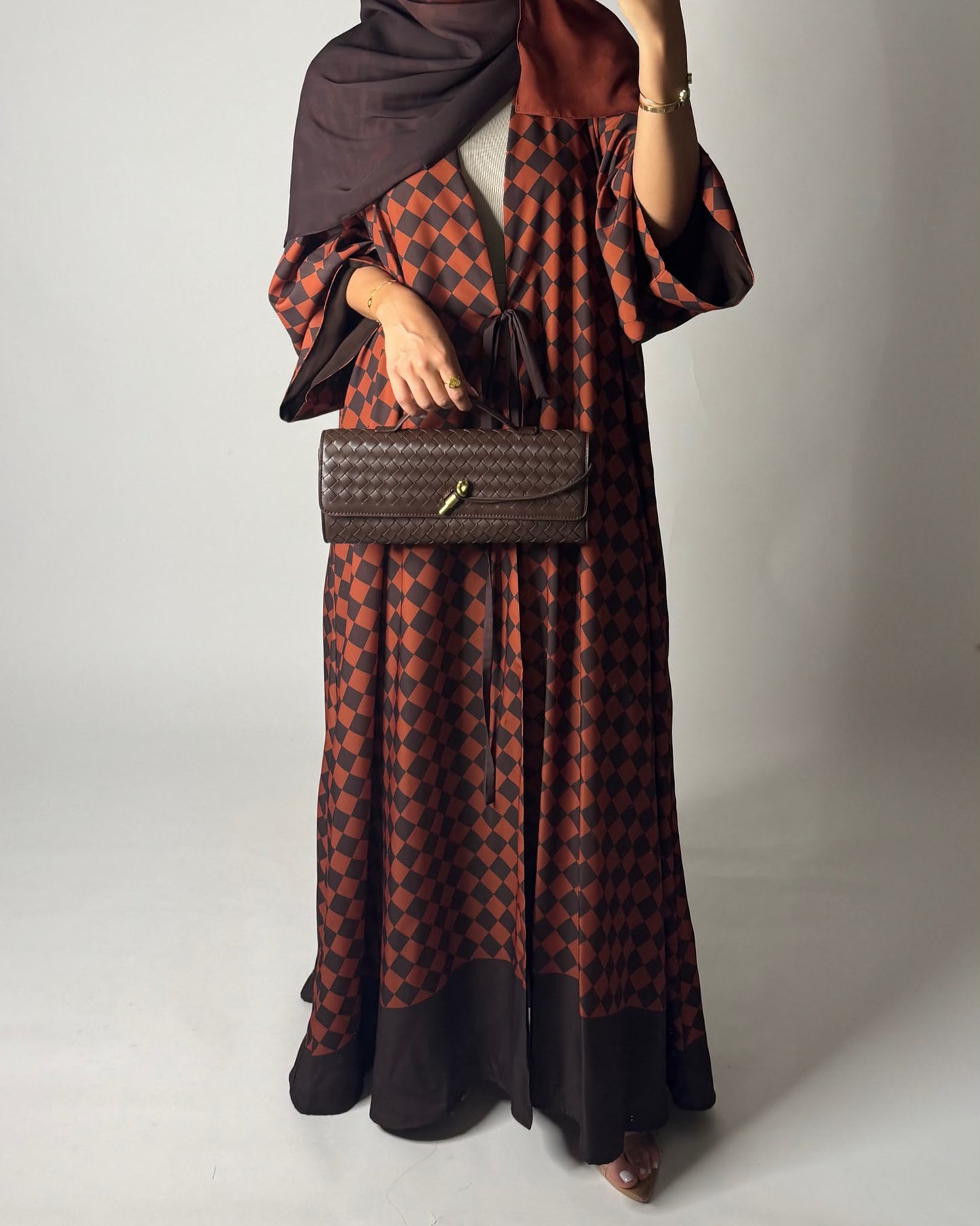 A628 - Brown & Burnt Orange Checkered A-CUT Abaya with Matching Ombre Head Scarf