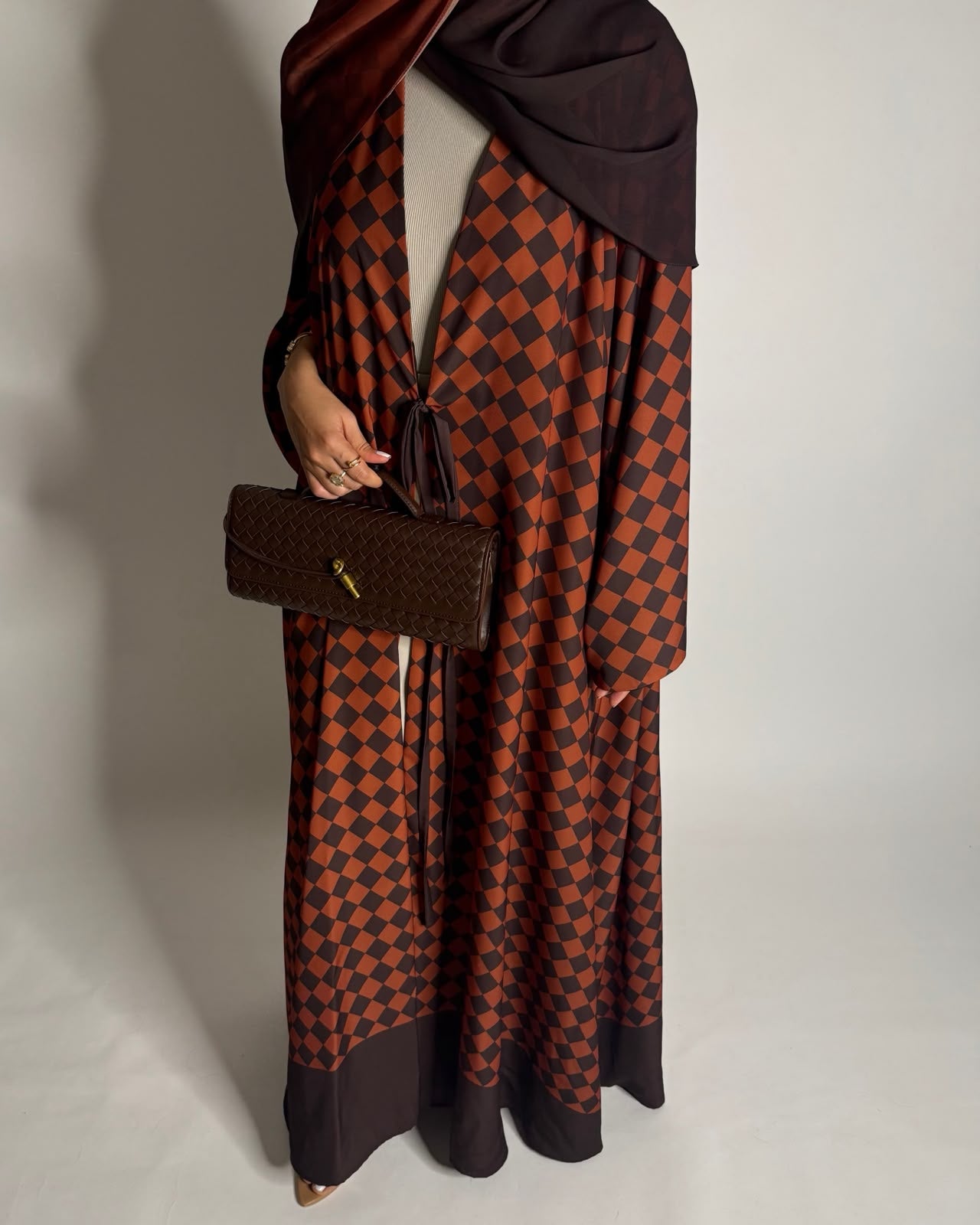 A628 - Brown & Burnt Orange Checkered A-CUT Abaya with Matching Ombre Head Scarf