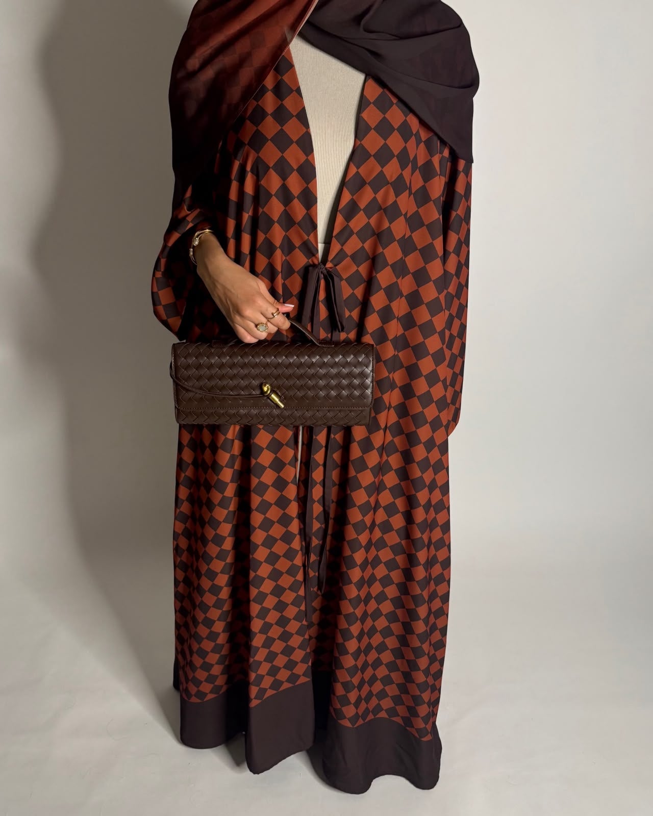 A628 - Brown & Burnt Orange Checkered A-CUT Abaya with Matching Ombre Head Scarf