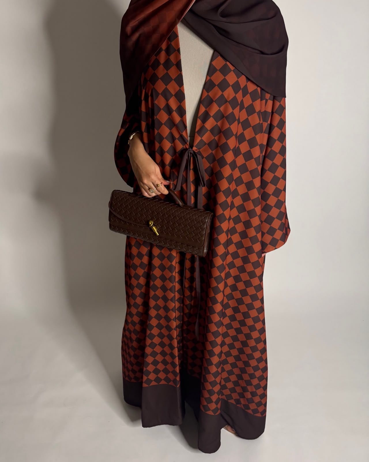 A628 - Brown & Burnt Orange Checkered A-CUT Abaya with Matching Ombre Head Scarf