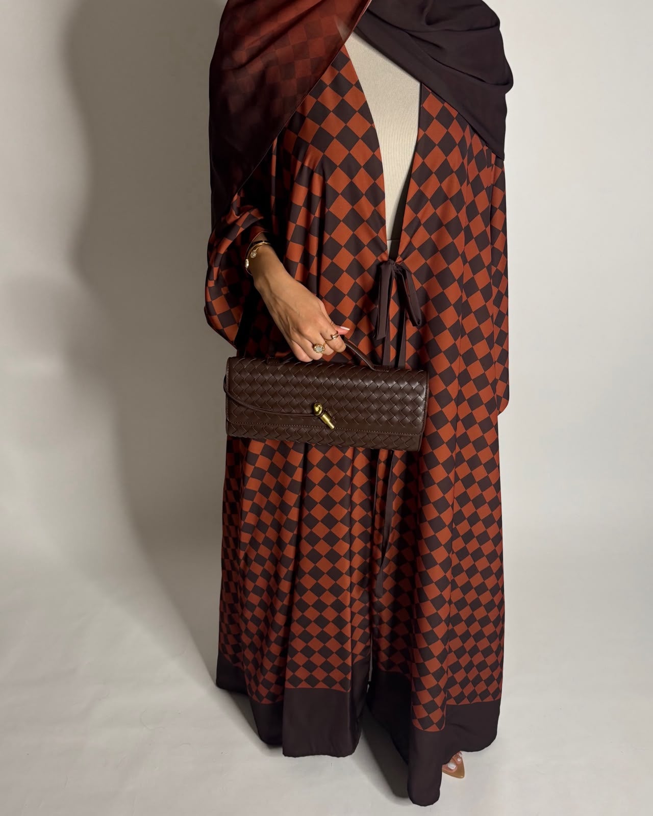 A628 - Brown & Burnt Orange Checkered A-CUT Abaya with Matching Ombre Head Scarf