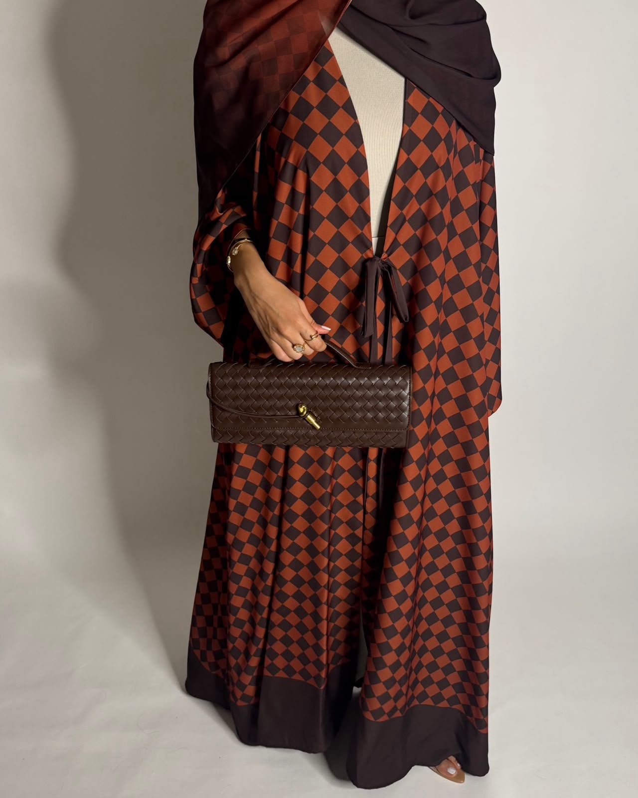 A628 - Brown & Burnt Orange Checkered A-CUT Abaya with Matching Ombre Head Scarf