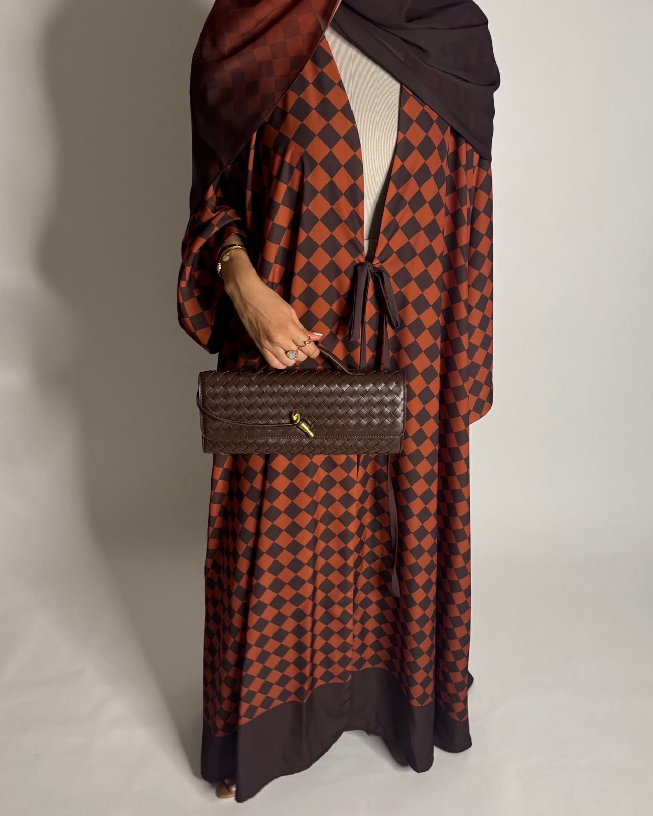 A628 - Brown & Burnt Orange Checkered A-CUT Abaya with Matching Ombre Head Scarf