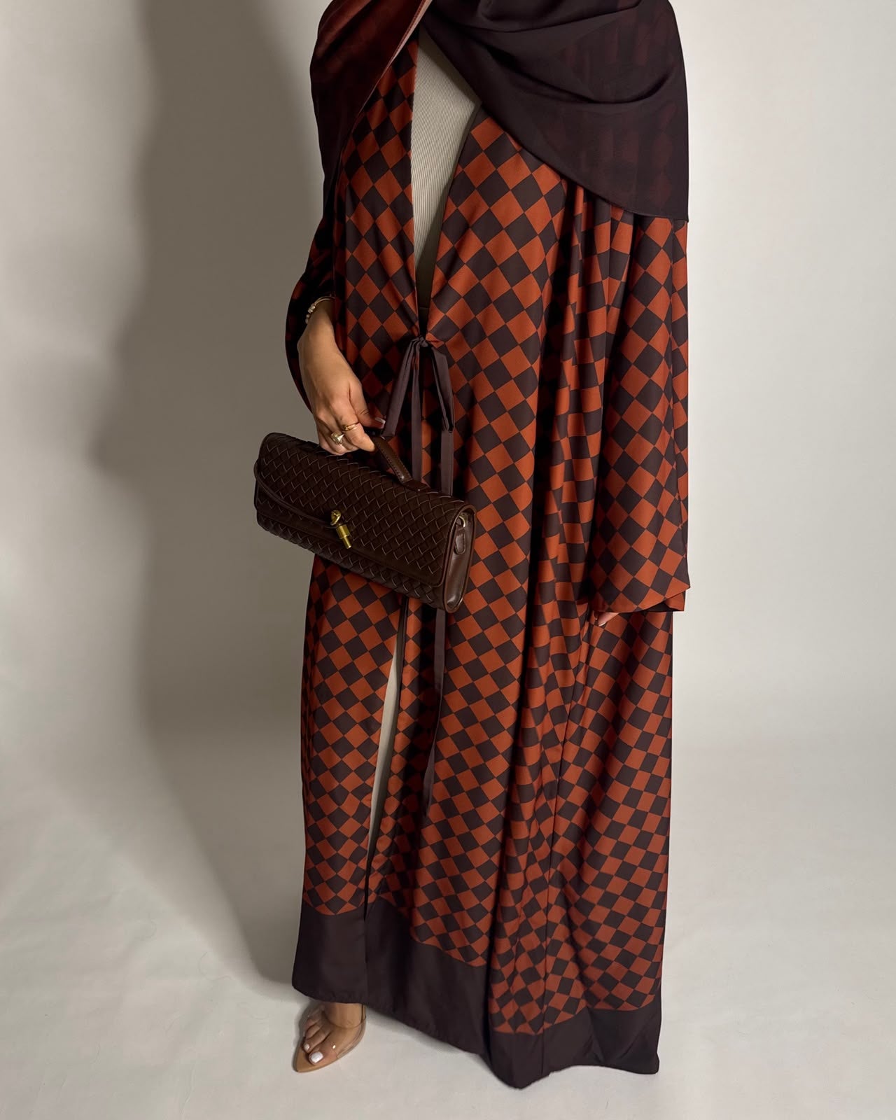 A628 - Brown & Burnt Orange Checkered A-CUT Abaya with Matching Ombre Head Scarf