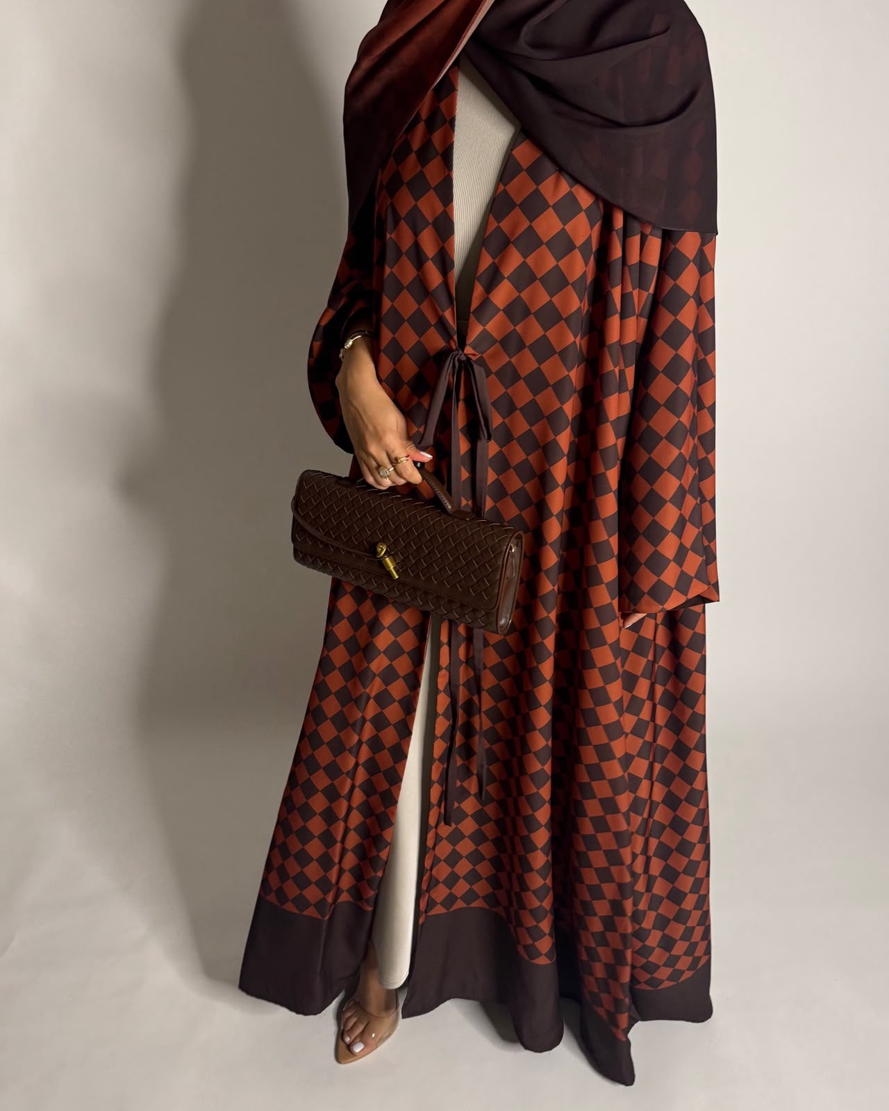 A628 - Brown & Burnt Orange Checkered A-CUT Abaya with Matching Ombre Head Scarf