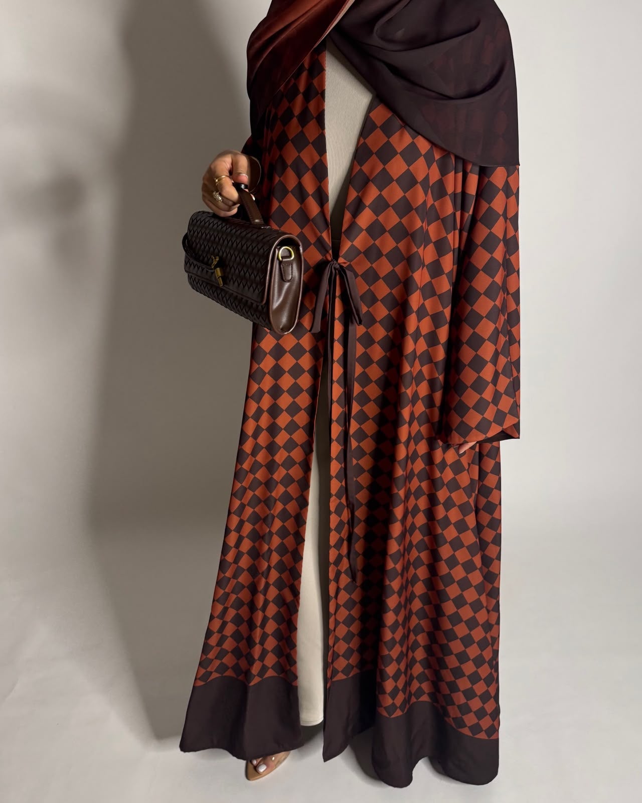 A628 - Brown & Burnt Orange Checkered A-CUT Abaya with Matching Ombre Head Scarf