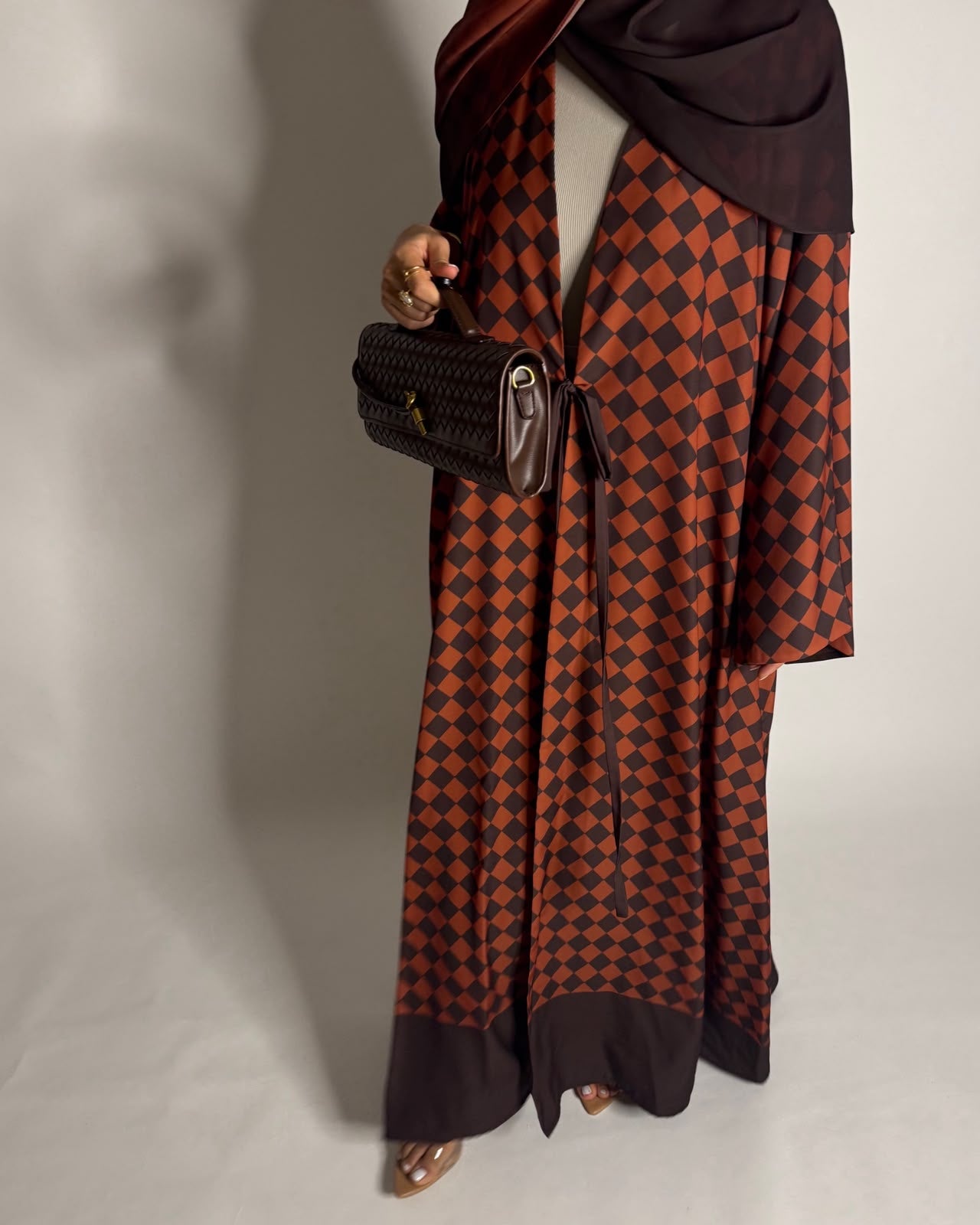 A628 - Brown & Burnt Orange Checkered A-CUT Abaya with Matching Ombre Head Scarf