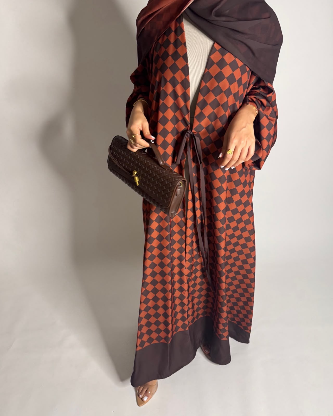 A628 - Brown & Burnt Orange Checkered A-CUT Abaya with Matching Ombre Head Scarf