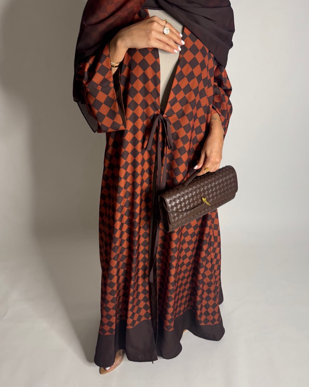 A628 - Brown & Burnt Orange Checkered A-CUT Abaya with Matching Ombre Head Scarf