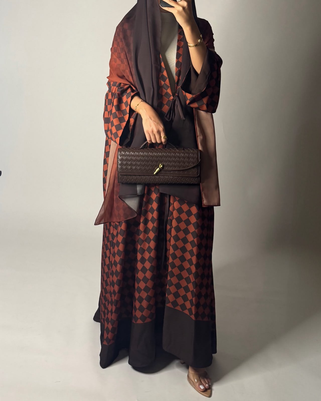 A628 - Brown & Burnt Orange Checkered A-CUT Abaya with Matching Ombre Head Scarf