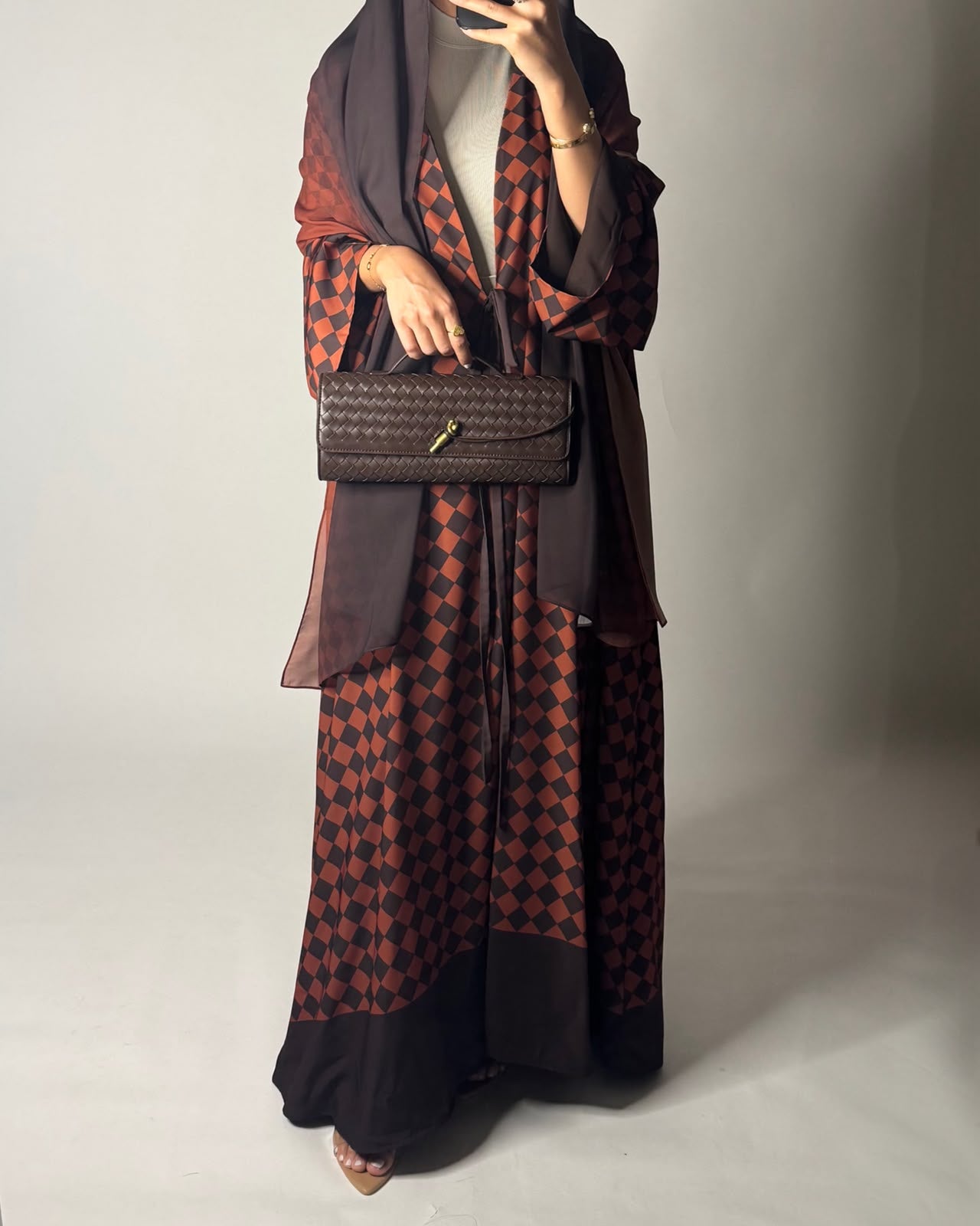 A628 - Brown & Burnt Orange Checkered A-CUT Abaya with Matching Ombre Head Scarf