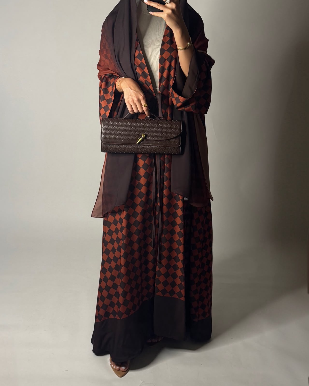 A628 - Brown & Burnt Orange Checkered A-CUT Abaya with Matching Ombre Head Scarf