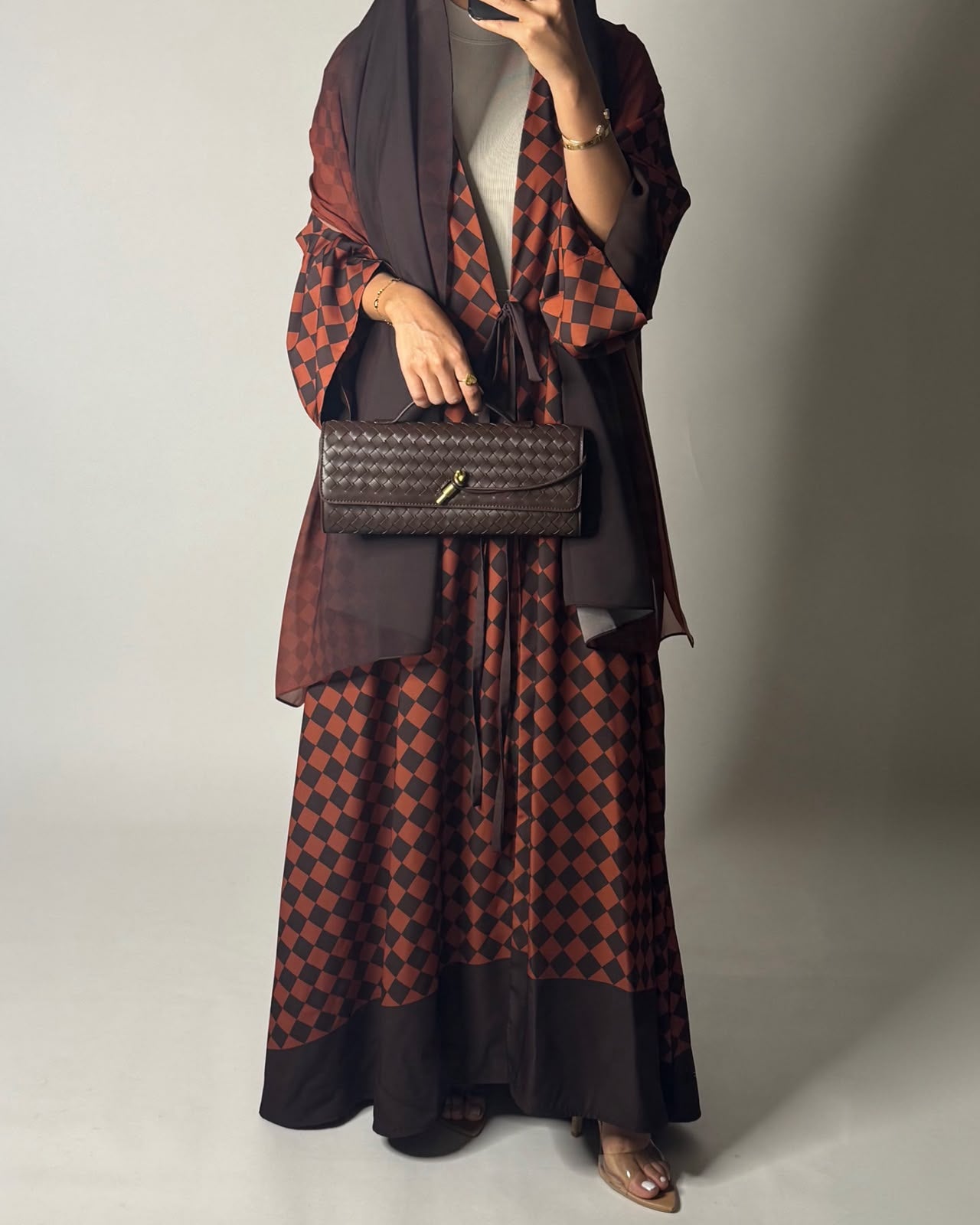 A628 - Brown & Burnt Orange Checkered A-CUT Abaya with Matching Ombre Head Scarf