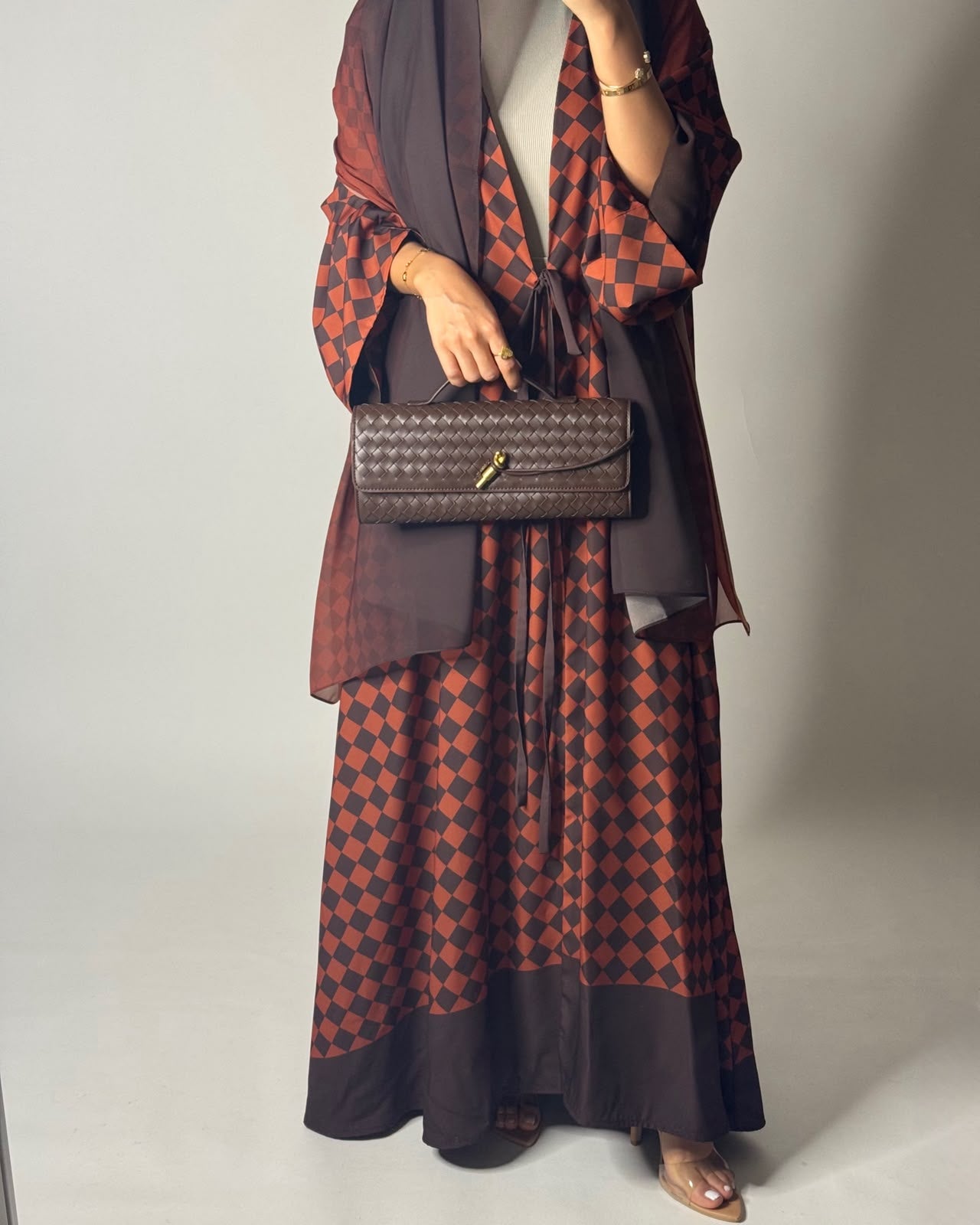 A628 - Brown & Burnt Orange Checkered A-CUT Abaya with Matching Ombre Head Scarf