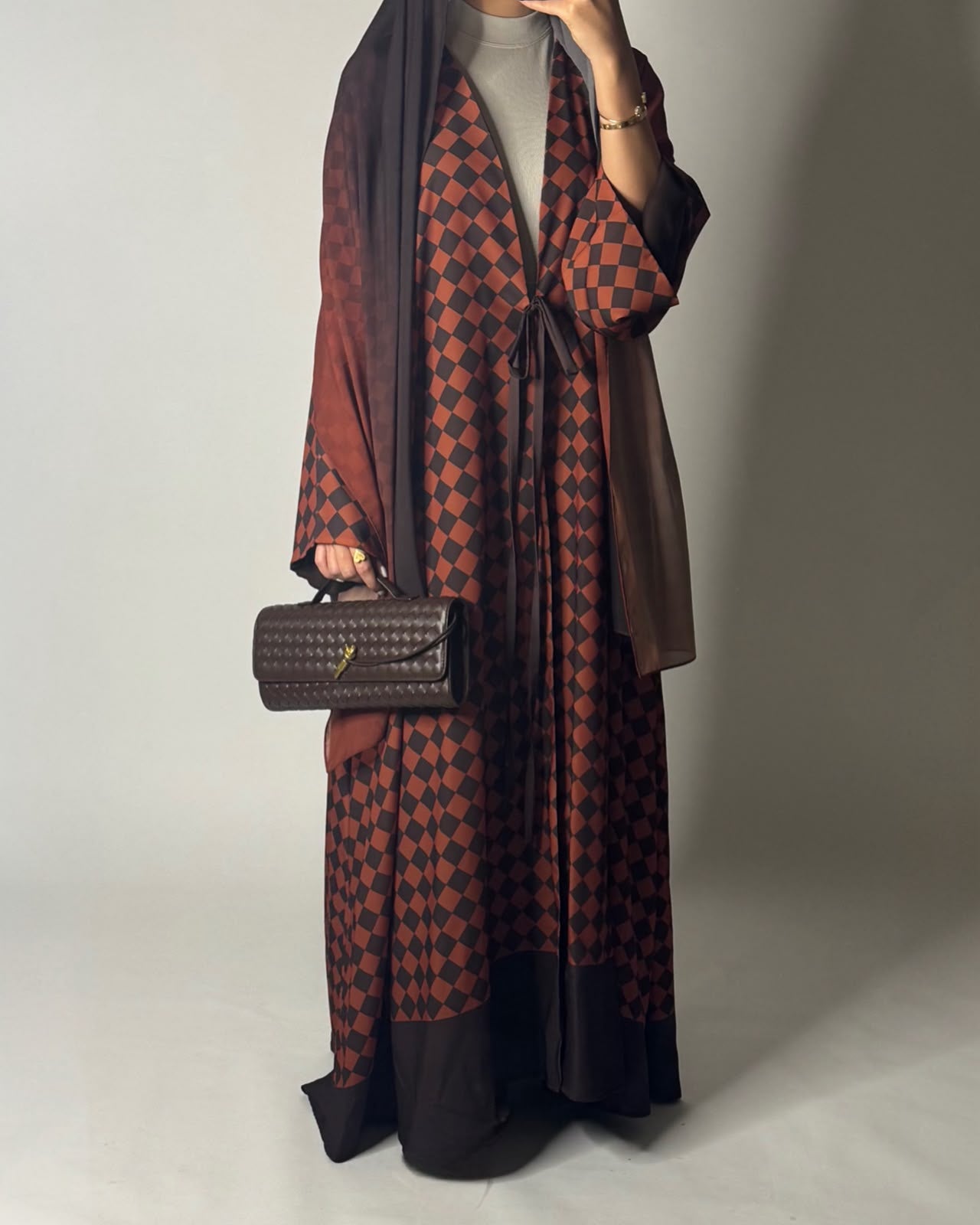 A628 - Brown & Burnt Orange Checkered A-CUT Abaya with Matching Ombre Head Scarf