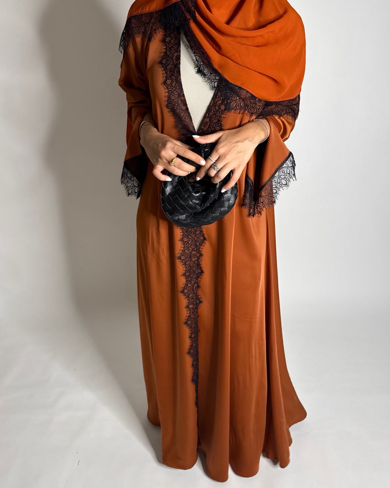 A633 - Elegant Burnt Orange A-CUT Abaya with Black Lace & Matching Head Scarf