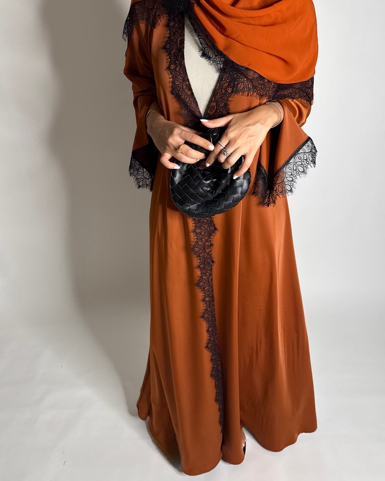 A633 - Elegant Burnt Orange A-CUT Abaya with Black Lace & Matching Head Scarf