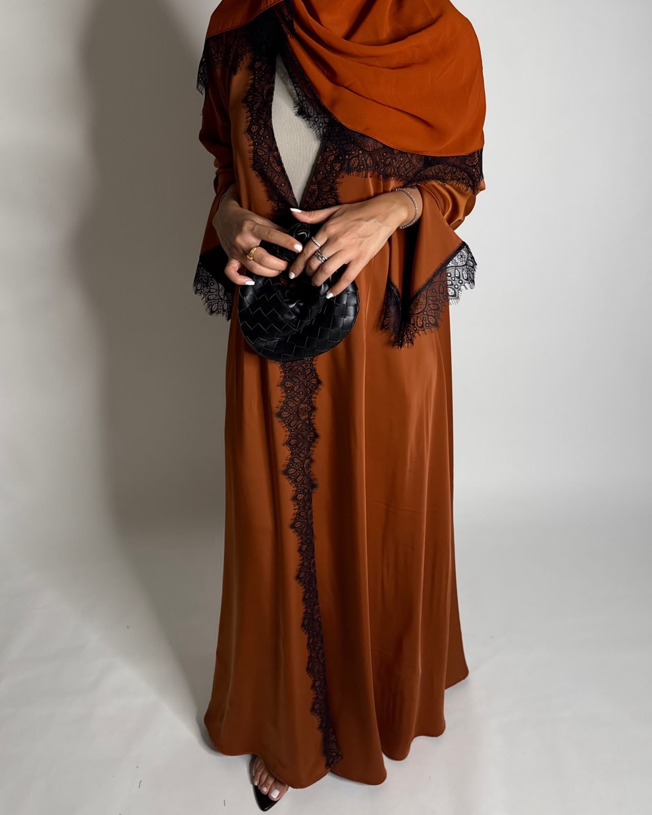 A633 - Elegant Burnt Orange A-CUT Abaya with Black Lace & Matching Head Scarf
