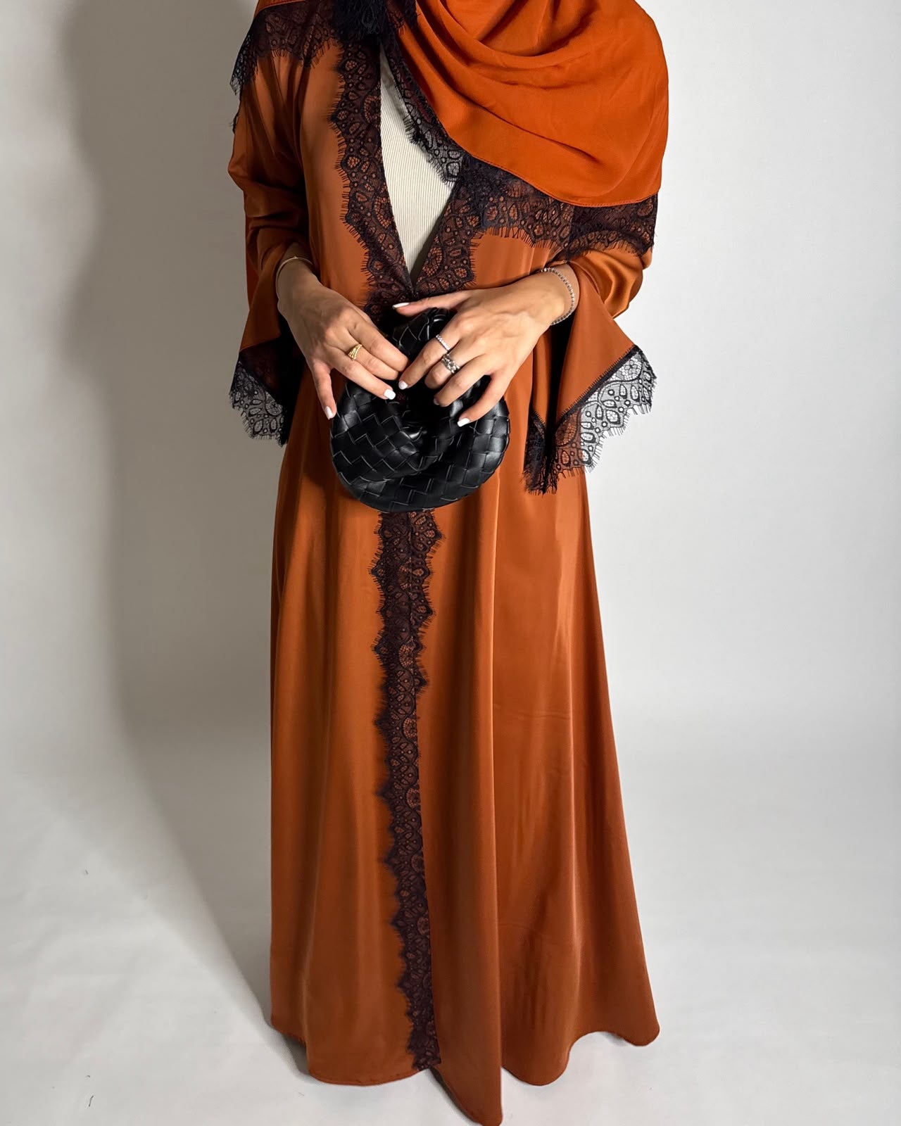 A633 - Elegant Burnt Orange A-CUT Abaya with Black Lace & Matching Head Scarf